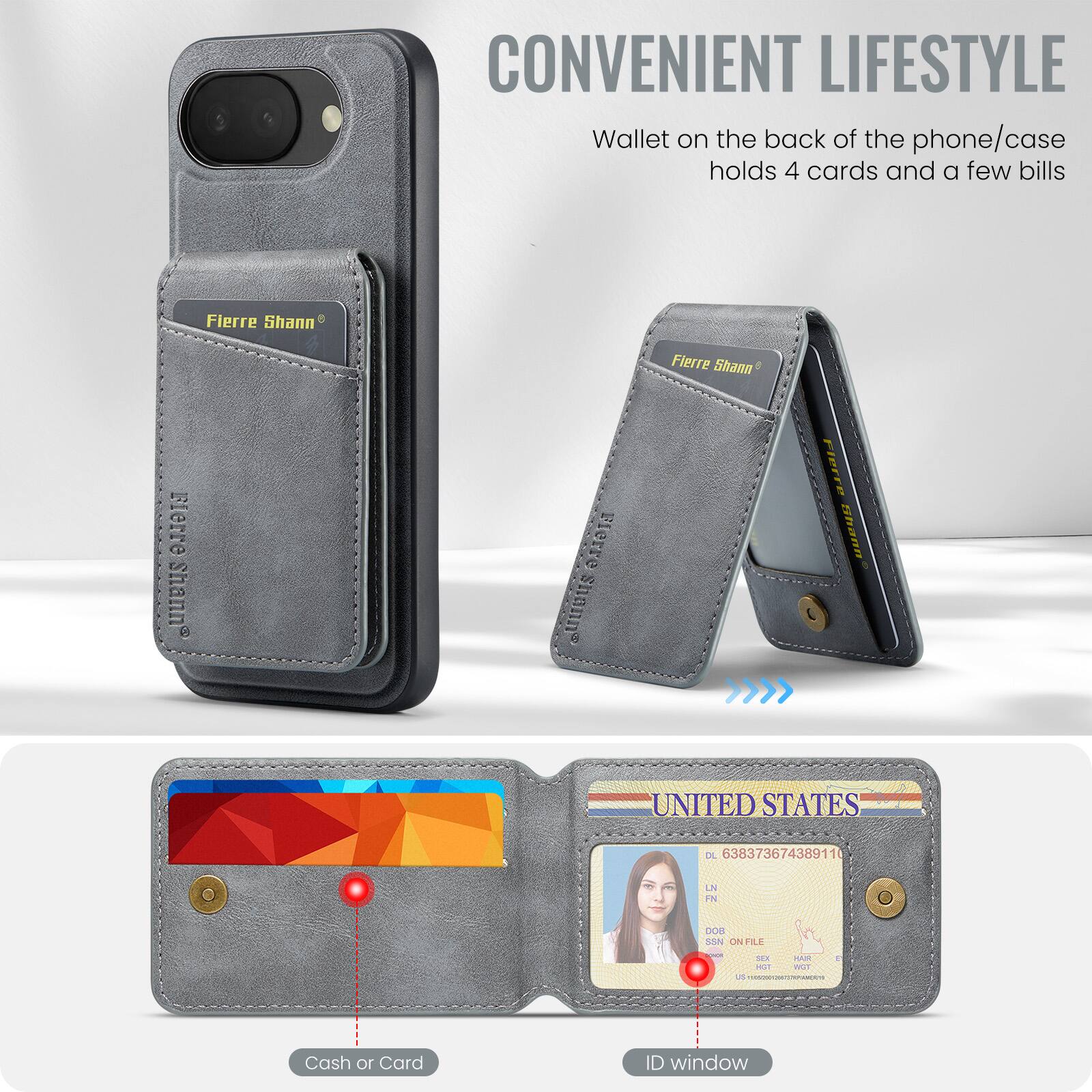 CONVENIENT LIFESTYLE

Wallet on the back of the phone/case holds 4 cards and a few bills

Fierre Shann

Fierre Shann

Fierre Shann

LIGLLG UtDus Fiorre Shann

UNITED STATES

DL 638373674389110

LN

DOB

SSN ON FILE

MCX

PAU

Cash 10

Card ID window