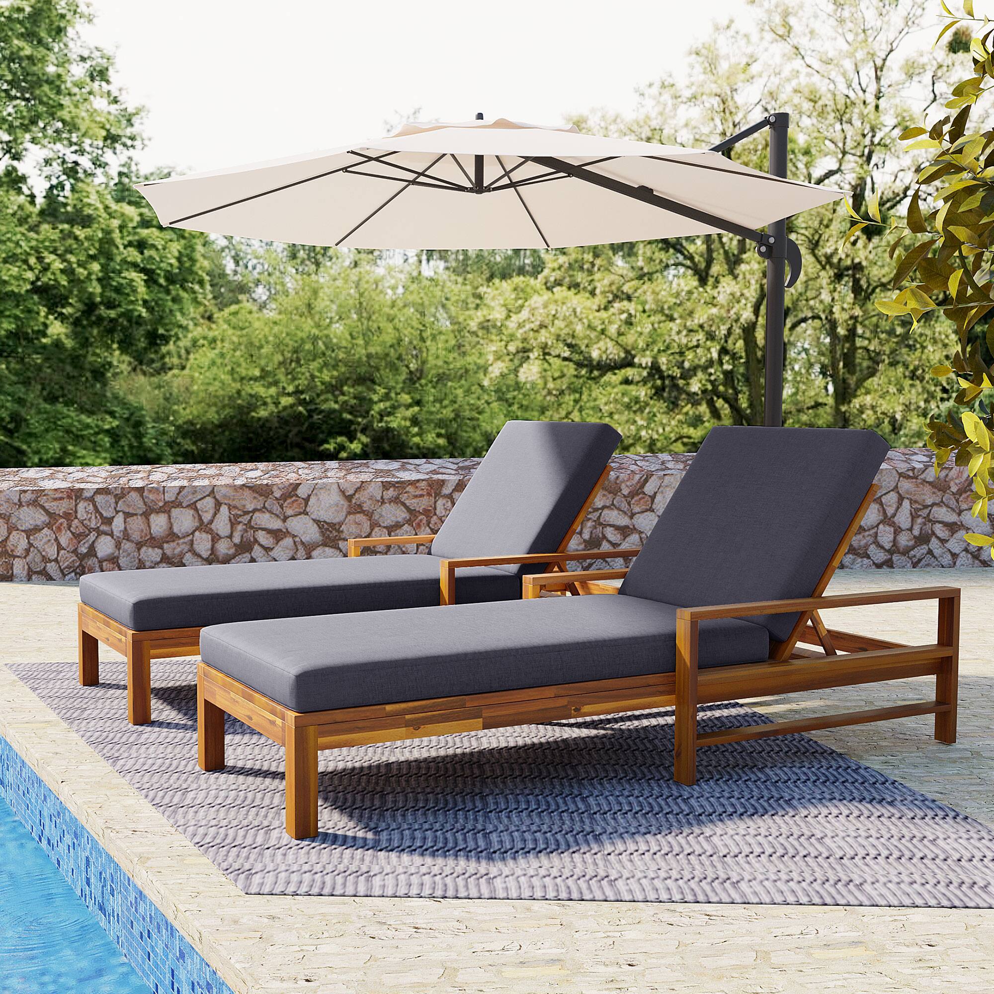 Left. Mondawe - Acacia Wood Adjustable Backrest Outdoor Lounge Chair - Natural+Grey.