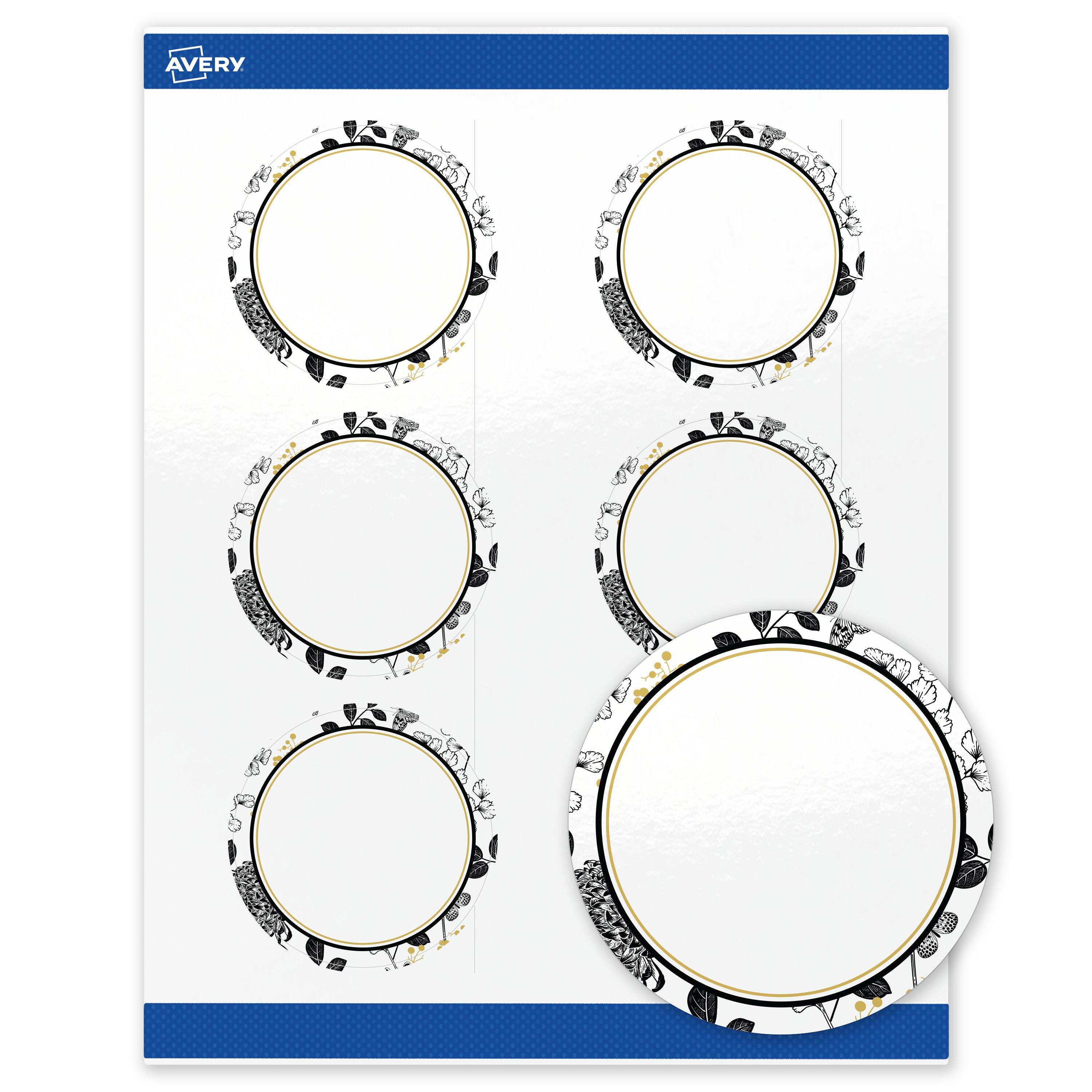 Front. Avery - Avery Labels, 3" Diameter, Glossy White, Arched Gold & Black Florals - White.
