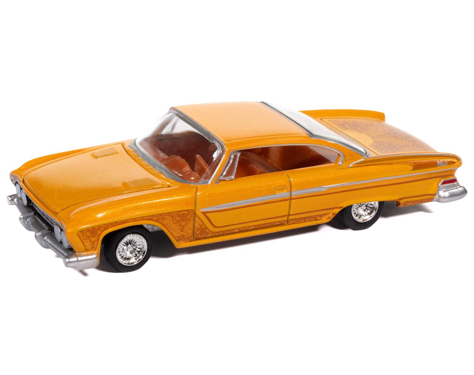 Left. Autoworld - 1961 Dodge Dart Phoenix Lowrider Mango Smoothie Metallic w/ Graphics & Orange Interior 1/64 Diecast Auto World - Yellow .