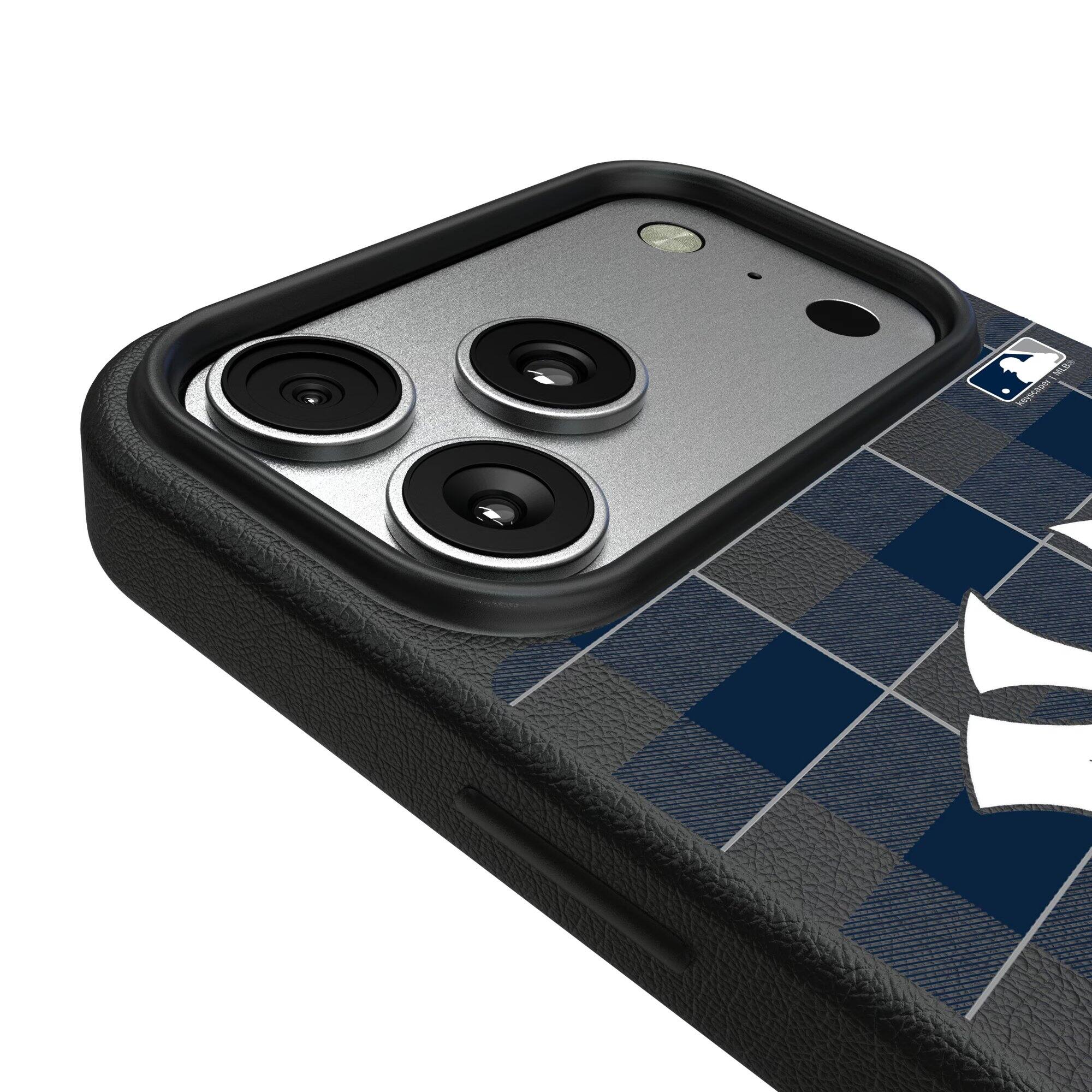 Alt View 2. Keyscaper - New York Yankees Plaid Magnetic Bump iPhone Case - 16 Plus - Black.