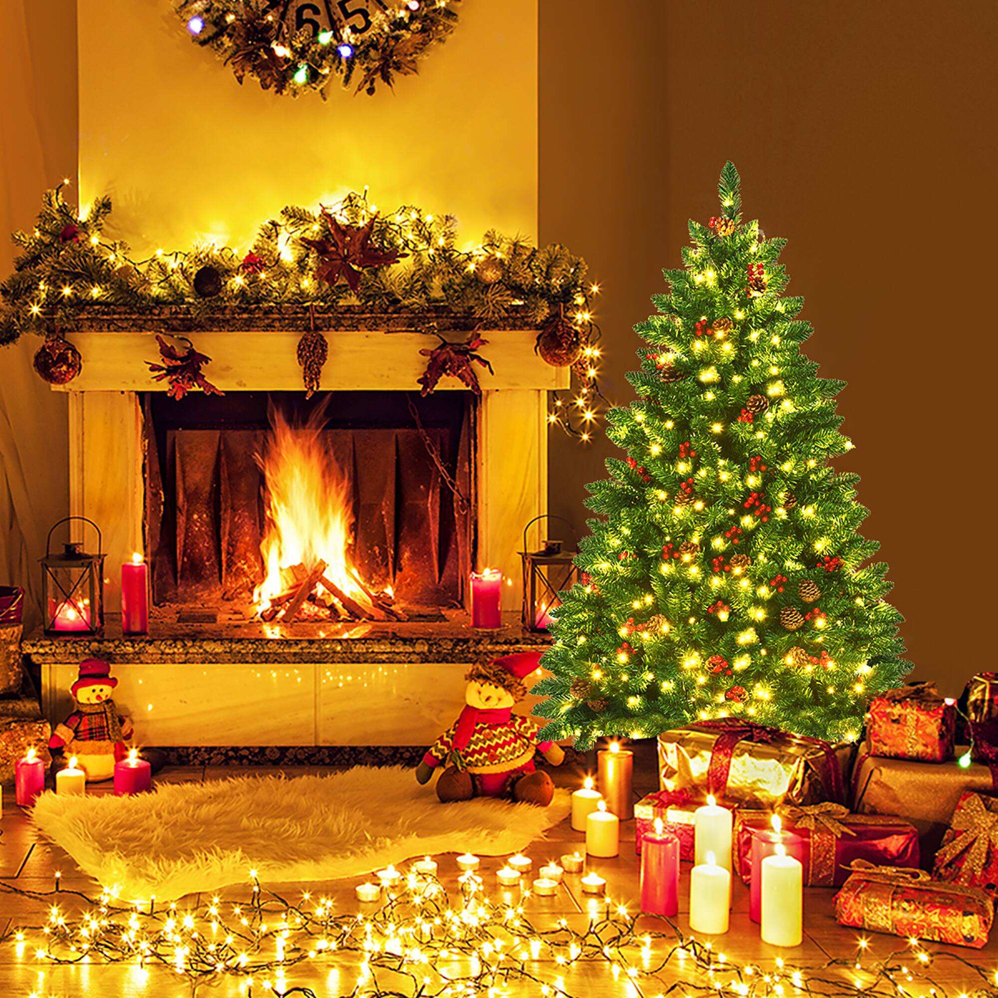 Alt View 11. Costway - 4.5Ft Pre-Lit  Artificial Christmas Tree with Sturdy Metal Stand Pine Cones and Red Berries - Green.