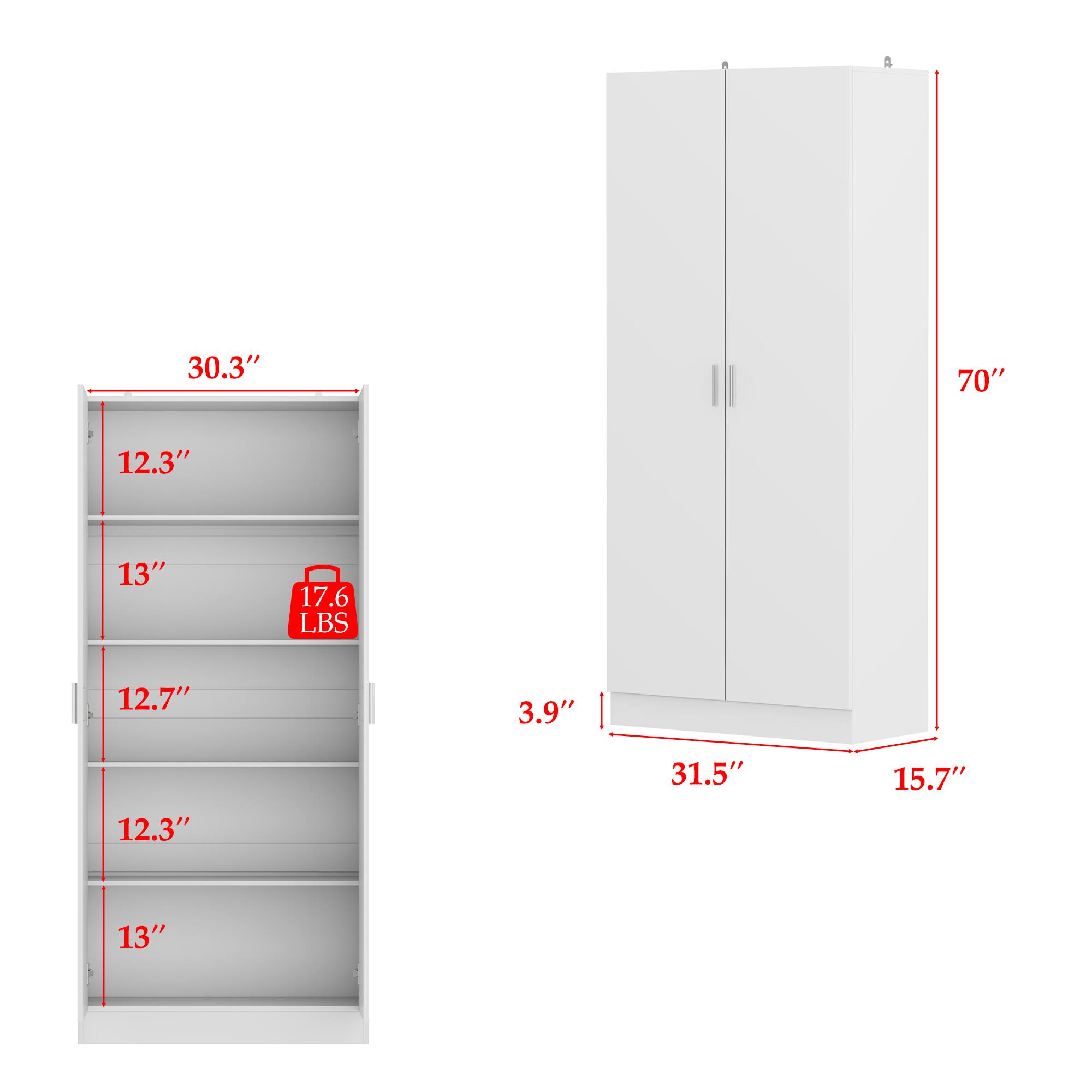 - Width: 30.3"
- Height: 70"
- Depth: 15.7"
- Shelf 1: 12.3"
- Shelf 2: 13"
- Shelf 3: 12.7"
- Shelf 4: 12.3"
- Shelf 5: 13"
- Maximum Load: 17.6 LBS
- Overall Depth: 31.5"
- Overall Width: 3.9"