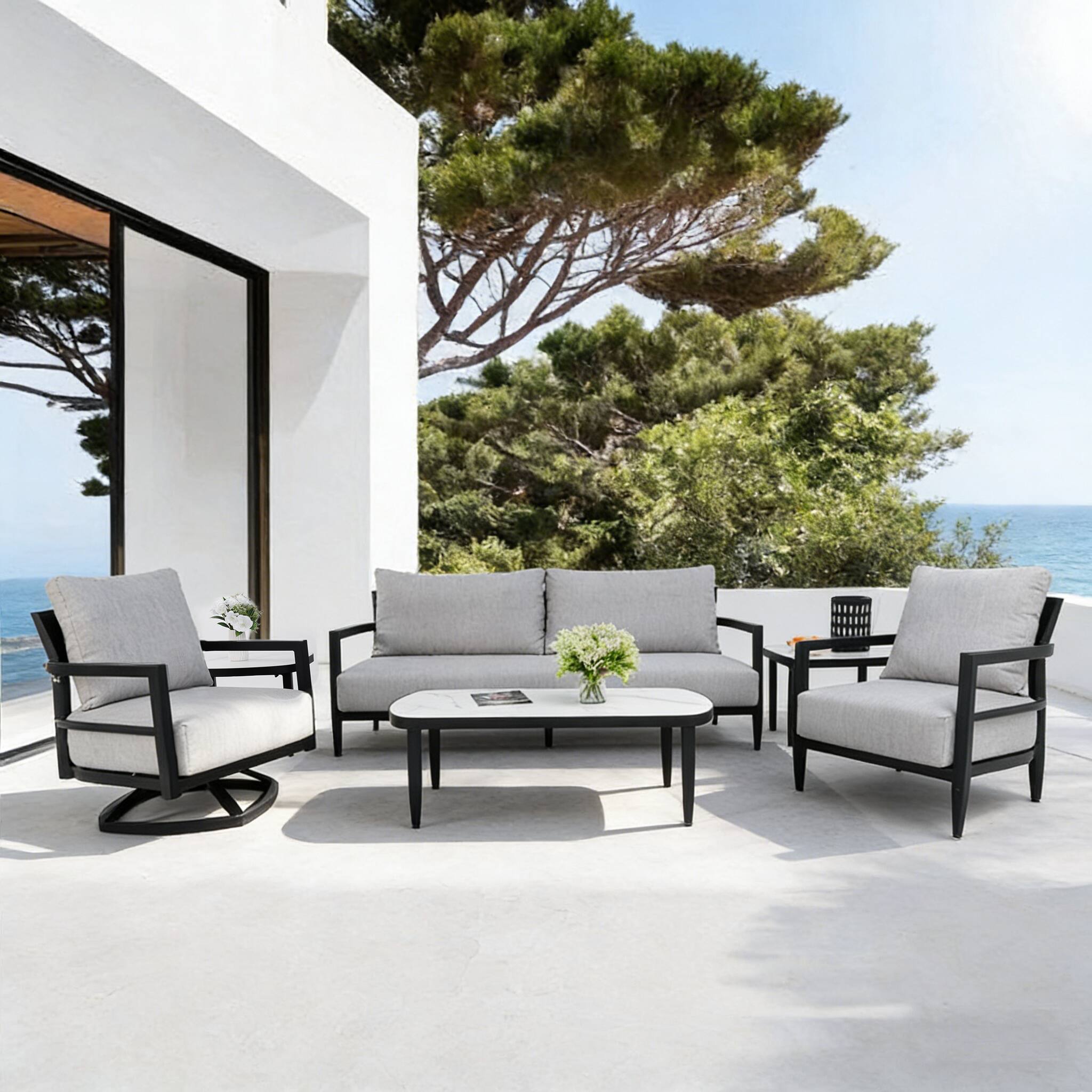 Left. Mondawe - 6-Piece Outdoor Patio Set with Swivel Chair, Club Chair, Bench Sofa, Marble-Inspired Tables, and Sunbrella Cushions - Ember Black+Grey.