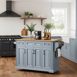 Forest'nSky - 54" Large Rolling Kitchen Island with Rubber Wood Drop Leaf, Embossed Texture, 4 Doors, and 3 Drawers - Grey Blue