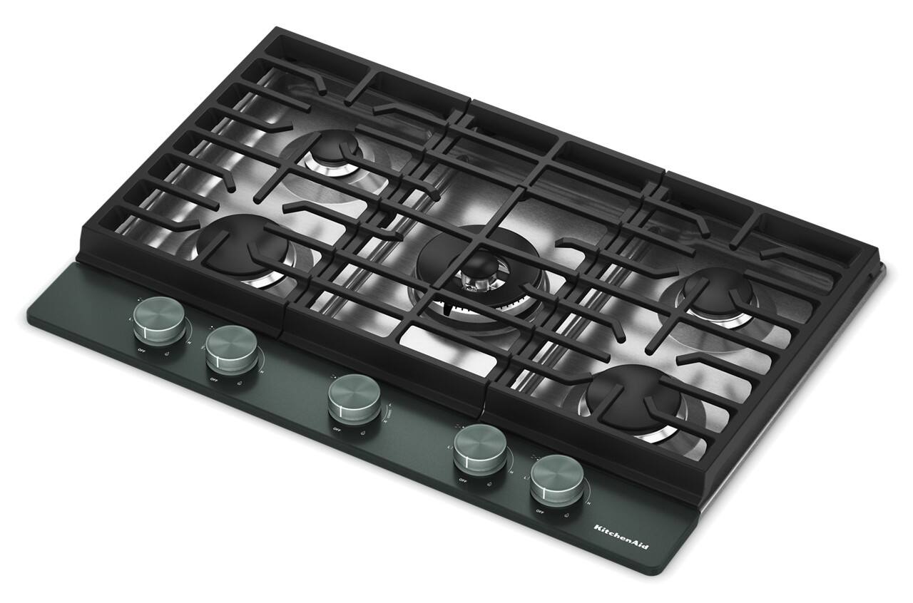 Left. KitchenAid - 30 in. Wide 5 burners Gas Cooktop with Integrated Wok Grate - Juniper.