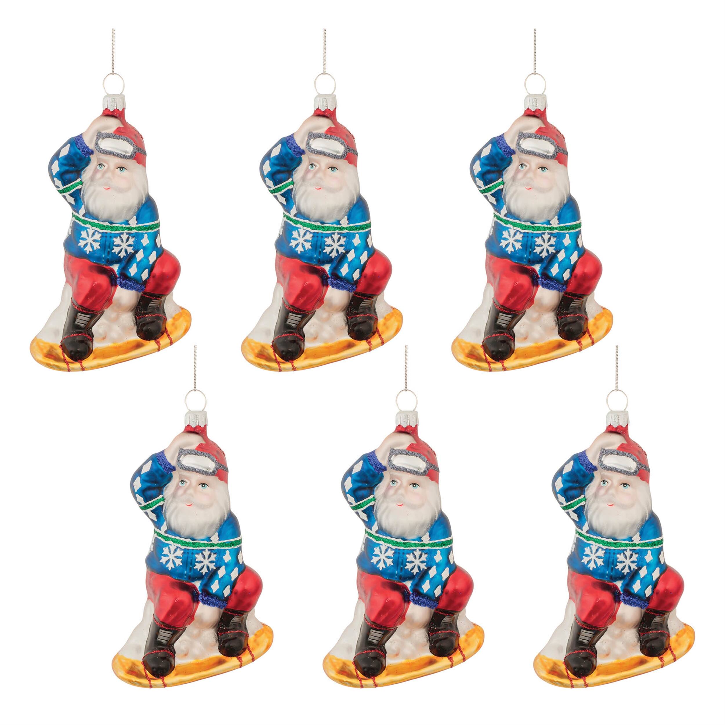 Left. BreeBe - Glass Snowboarding Santa Ornament (Set of 6) - Blue, Red.