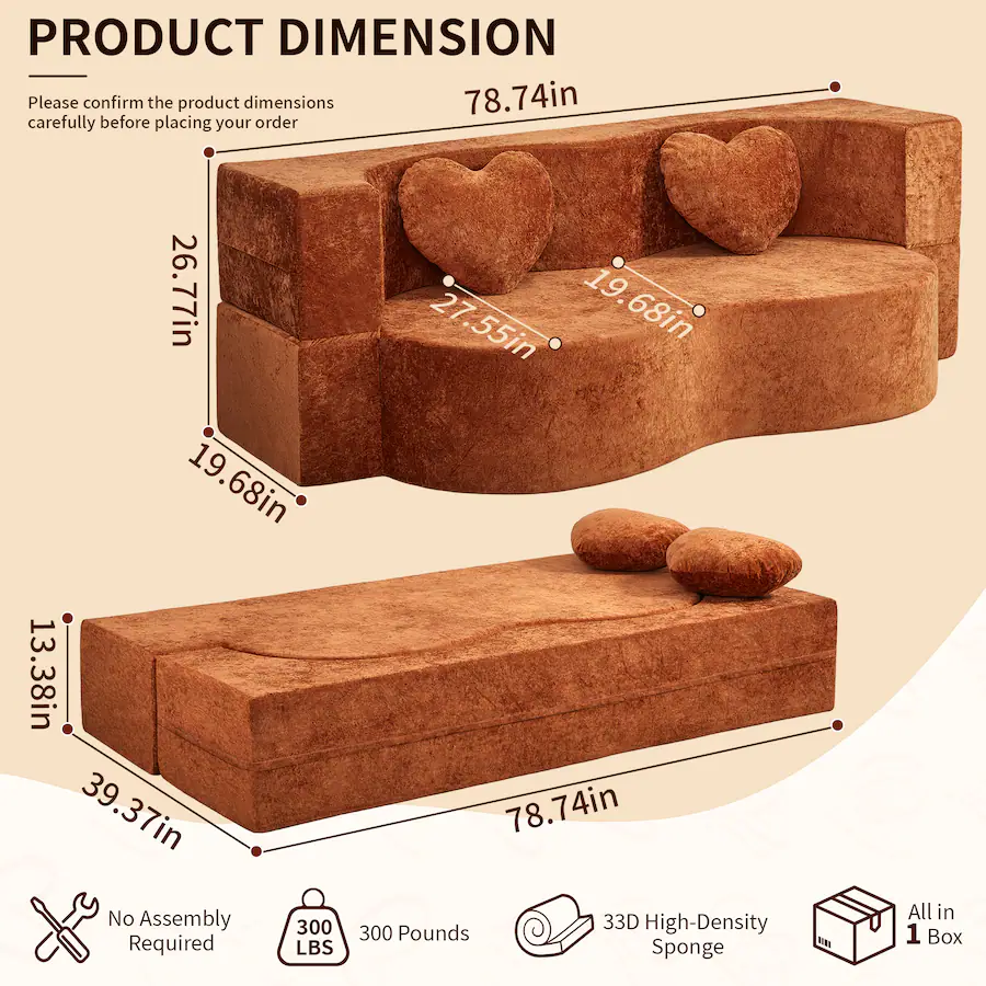 Boyel Living Brown Heart Shaped Cheese Bed Convertible Sofa 78.7 Inch ...