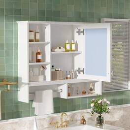 Whisen - 35" Wall-Mount 2-in-1 Mirror Cabinet with Adjustable Shelves, Soft-Closing Hinges, Open Shelves - White