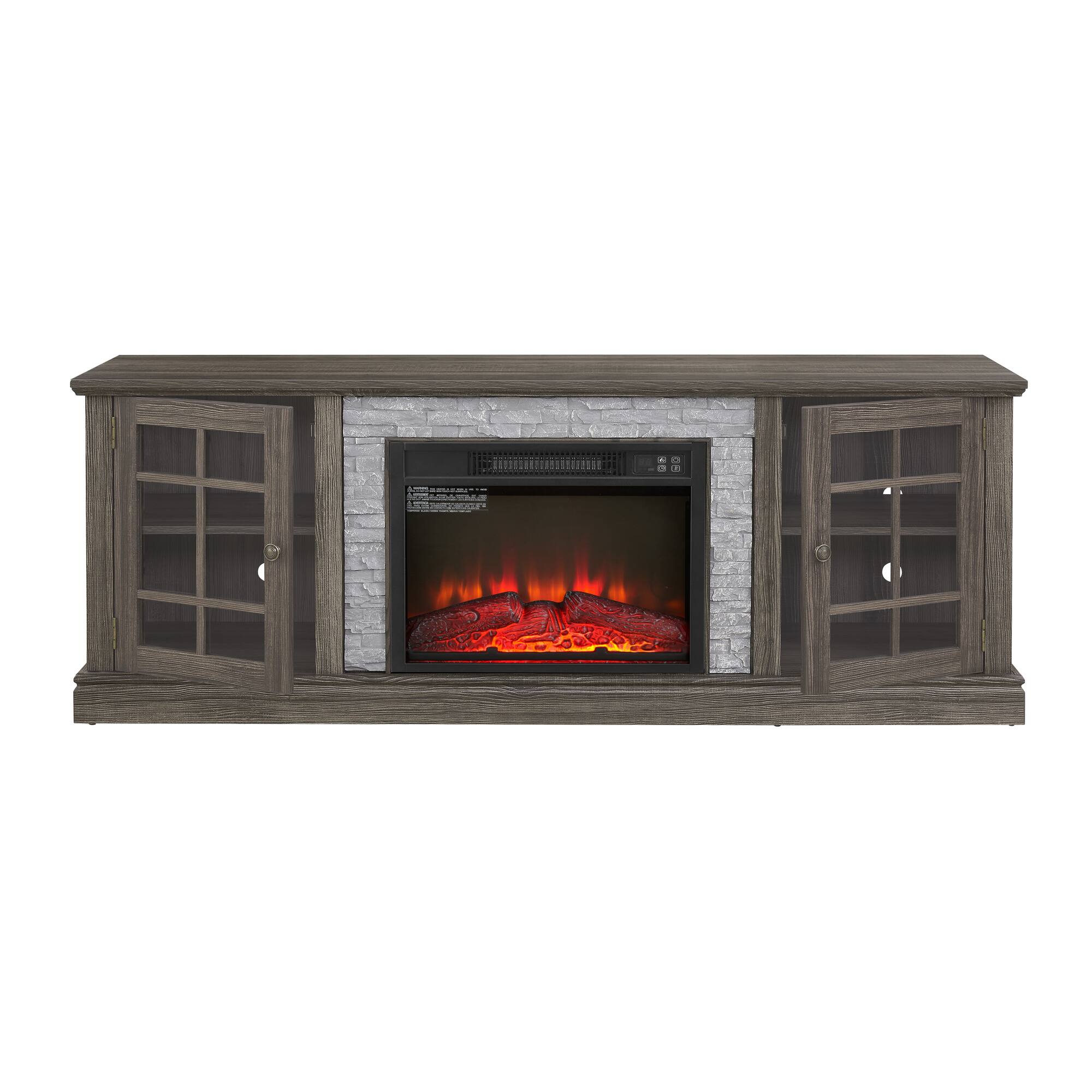 Boyel Living - 70.12-in Electric Fireplace TV Stand with 23-in Insert 2-Door Storage and Faux Stone Surround - Gray