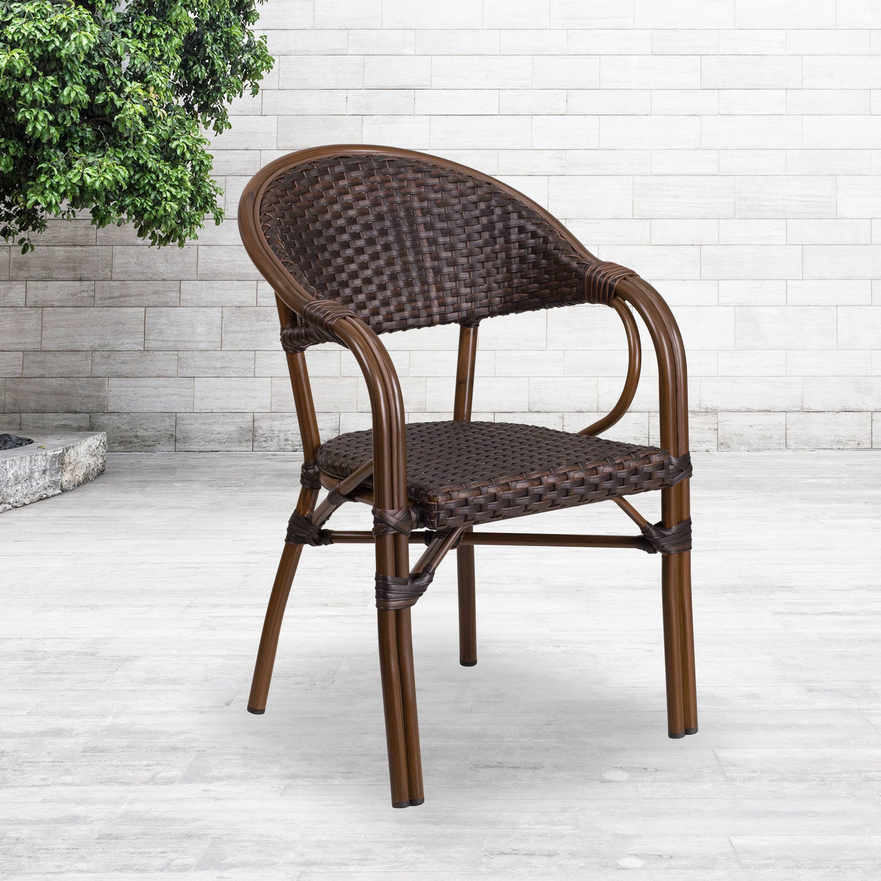 Alt View 2. Emma + Oliver - 3 Pack Rattan Restaurant Patio Chair with Bamboo-Aluminum Frame - Dark Brown Rattan/Red Bamboo-Aluminum Frame.