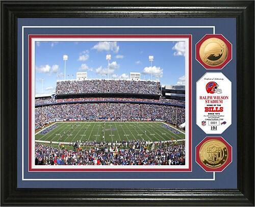 Front Standard. Highland Mint - Buffalo Bills Framed Stadium Photo and Commemorative Coins.