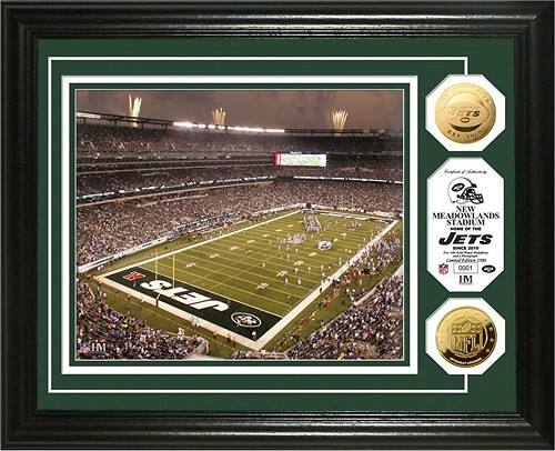 Front Standard. Highland Mint - New York Jets Framed Stadium Photo and Commemorative Coins.