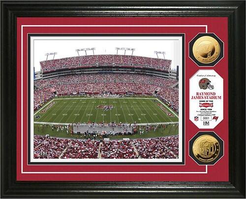 Front Standard. Highland Mint - Tampa Bay Buccaneers Framed Stadium Photo and Commemorative Coins.