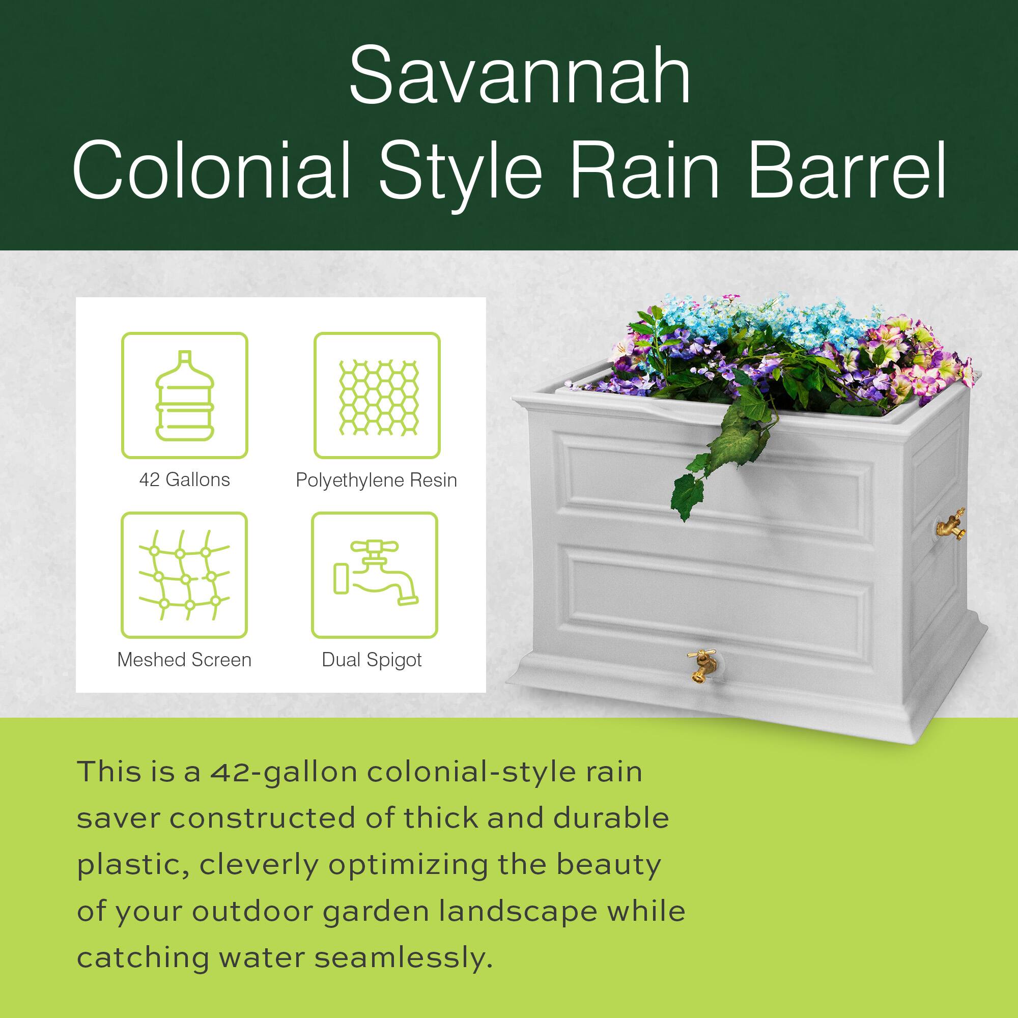 Savannah Colonial Style Rain Barrel

42 Gallons
Polyethylene Resin
Meshed Screen
Dual Spigot

This is a 42-gallon colonial-style rain saver constructed of thick and durable plastic, cleverly optimizing the beauty of your outdoor garden landscape while catching water seamlessly.