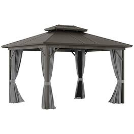 Outsunny - 10' x 12' Hardtop Gazebo with Curtains and Netting, Permanent Pavilion Metal Double Roof Gazebo Canopy - Gray