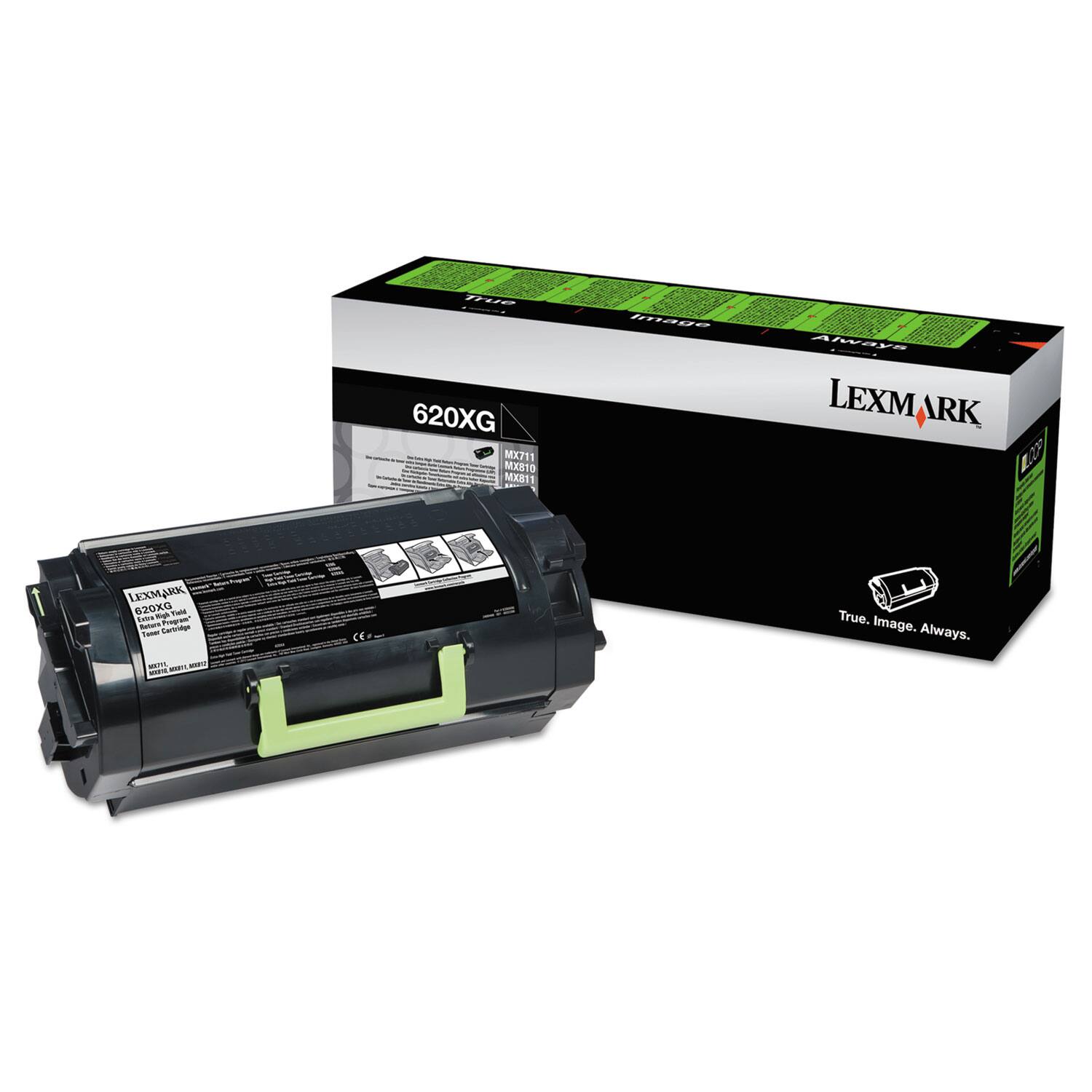 Sure, here is the corrected and grouped text:

**Product Information:**
- LEXMARK
- 620XG
- True Image Always
- 620XG
- MX711
- MX810
- MX811
- MX911

**Box Text:**
- LEXMARK
- 620XG
- True Image Always

**Cartridge Text:**
- LEXMARK
- 620XG
- True Image Always
- 220XG
- Toner Cartridge
- Genuine LEXMARK
- Made in China
- CE
- www.lexmark.com

**Additional Text:**
- Always
- True Image
- Image
- Always
