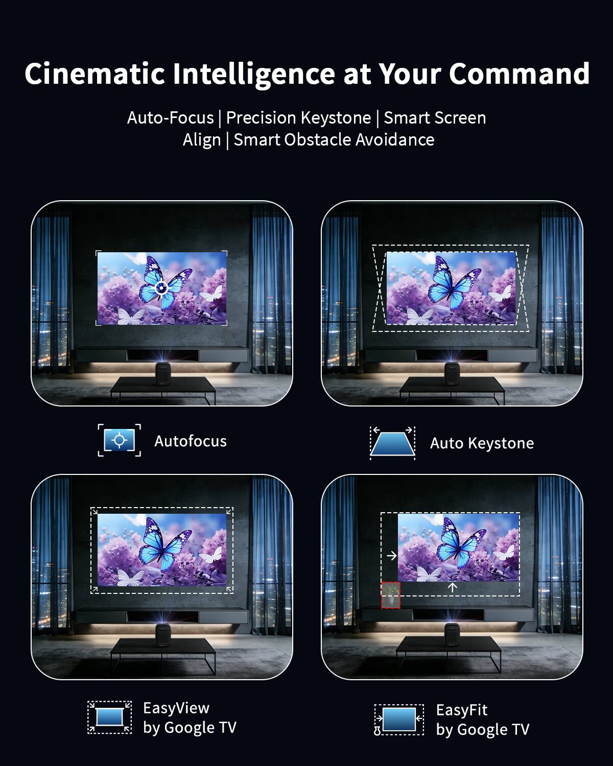 Cinematic Intelligence at Your Command  
Auto-Focus | Precision Keystone | Smart Screen Align | Smart Obstacle Avoidance  
Autofocus  
Auto Keystone  
EasyView by Google TV  
EasyFit by Google TV