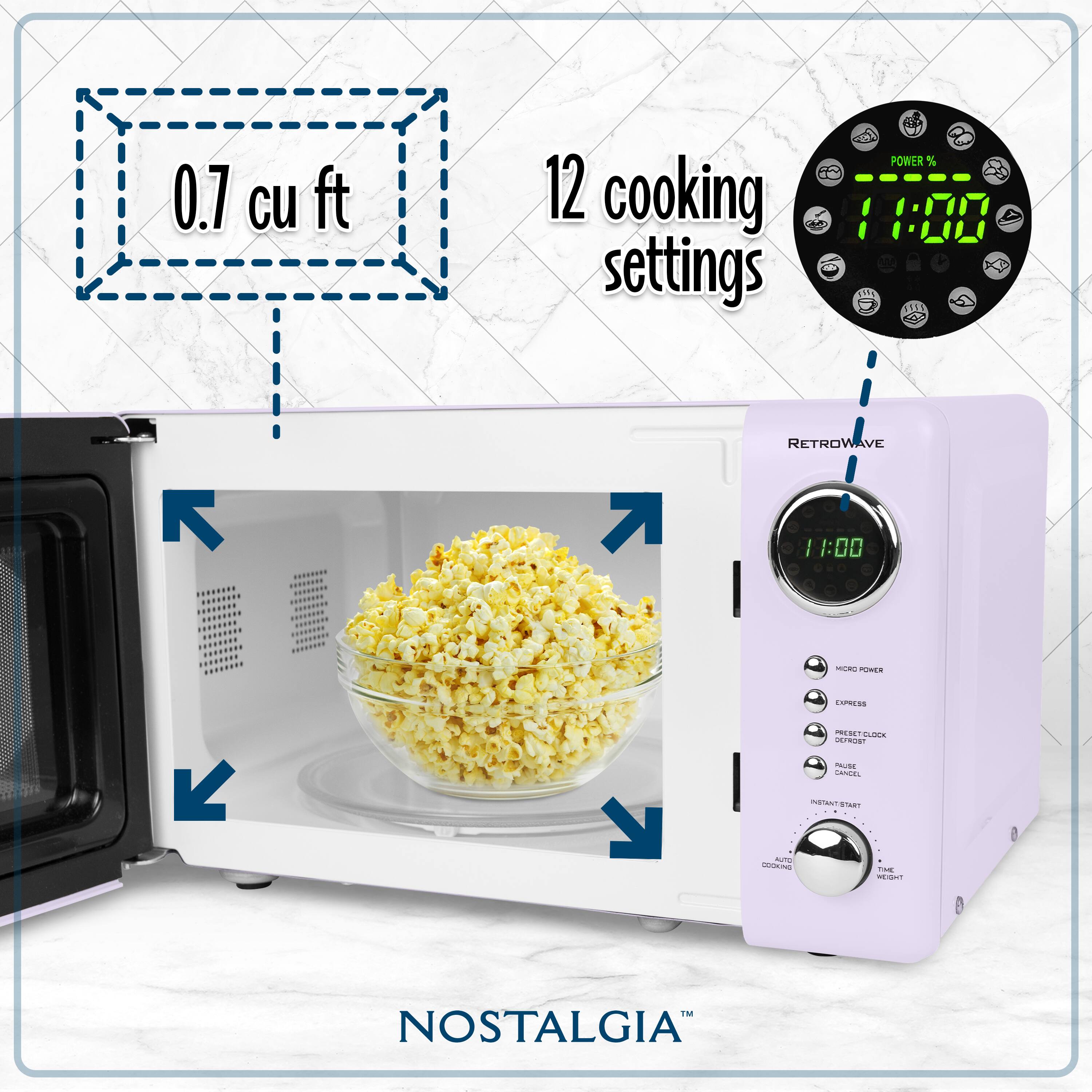 0.7 cu ft  
12 cooking settings  
POWER %  
11:00  
RETROWAVE  
NOSTALGIA