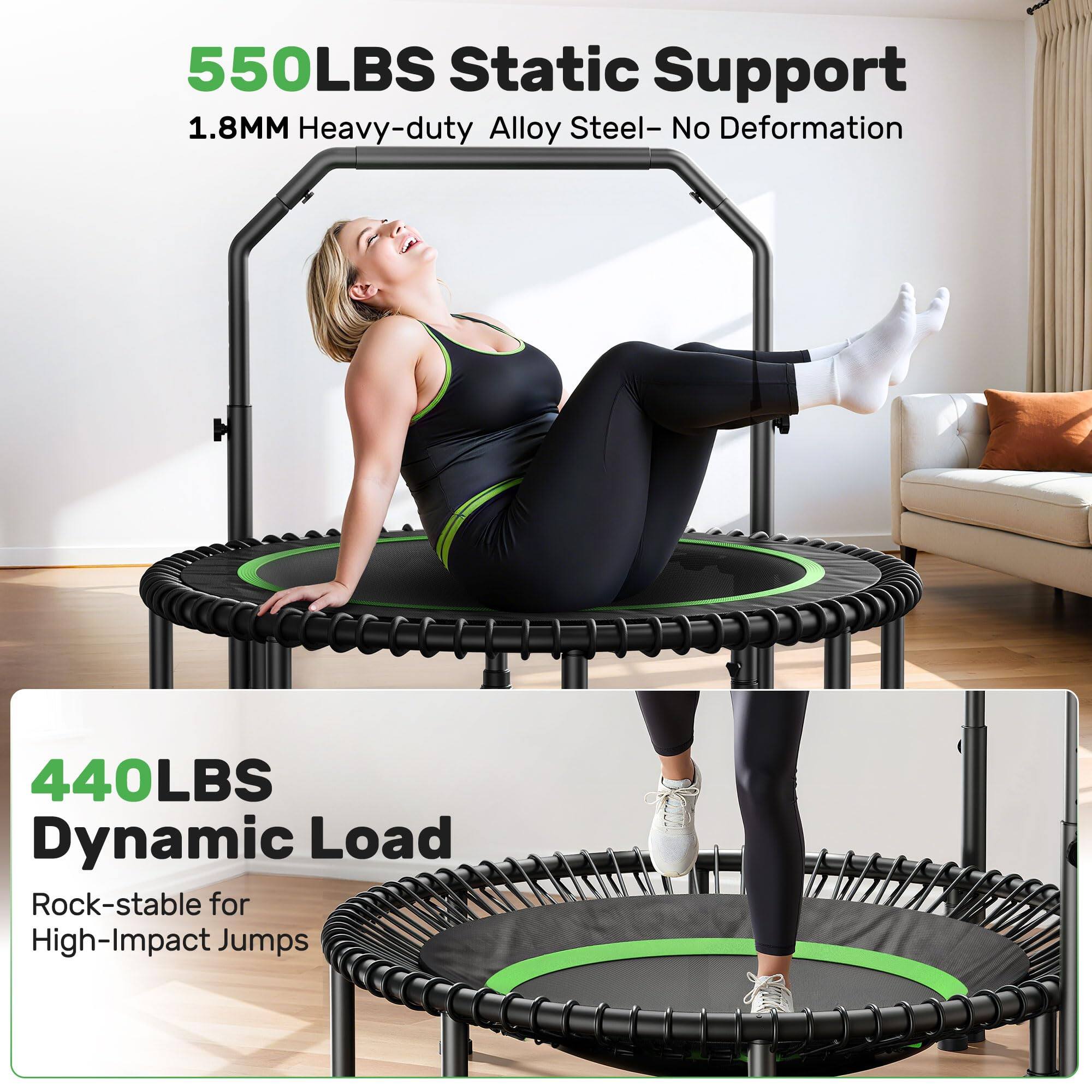 550LBS Static Support  
1.8MM Heavy-duty Alloy Steel - No Deformation  

440LBS Dynamic Load  
Rock-stable for High-Impact Jumps