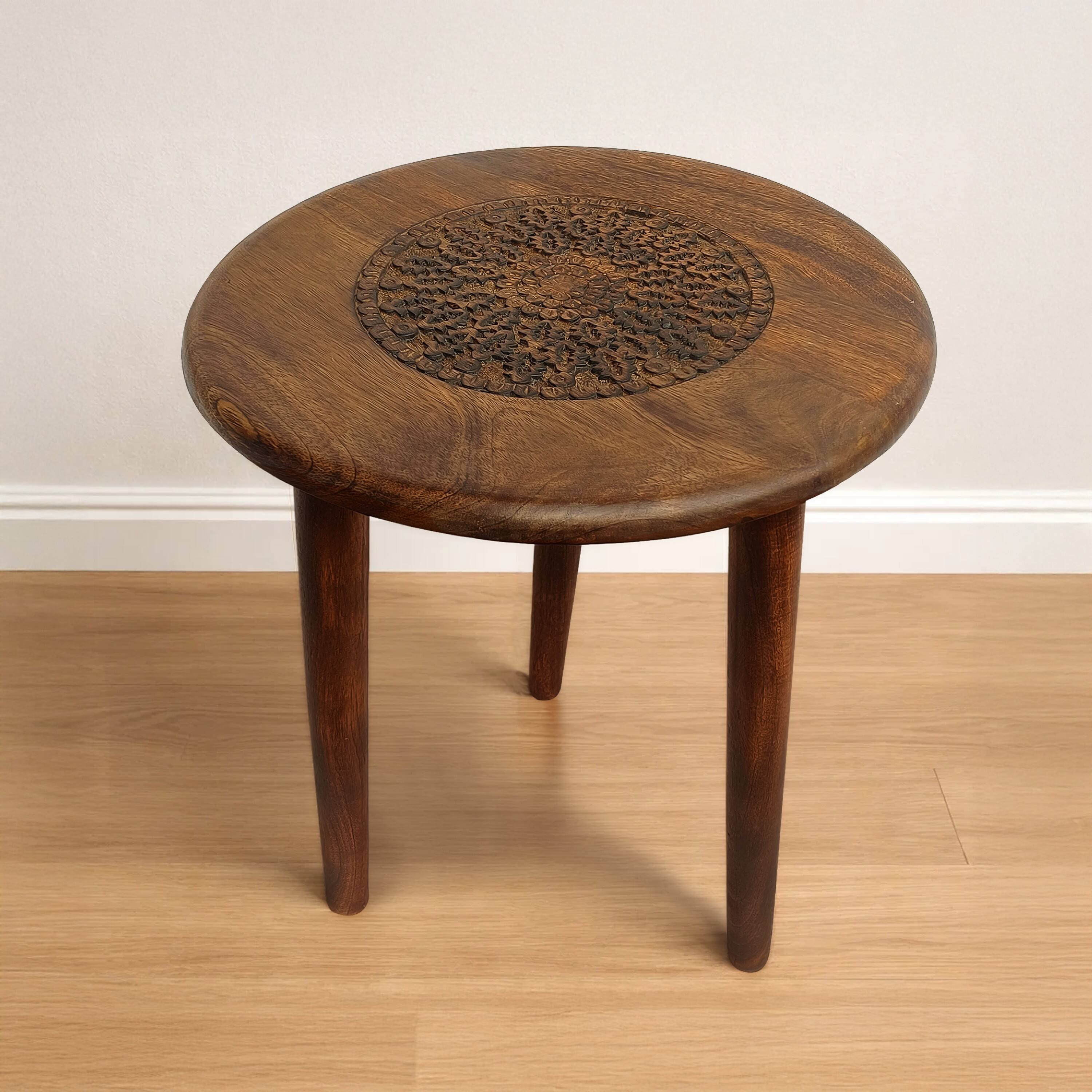Alt View 4. Manhattan Lane - Ama 22 Inch Side End Table, Round Top, Indian Mandala Floral Carving, 3 Legs, Brown Mango Wood - Brown.