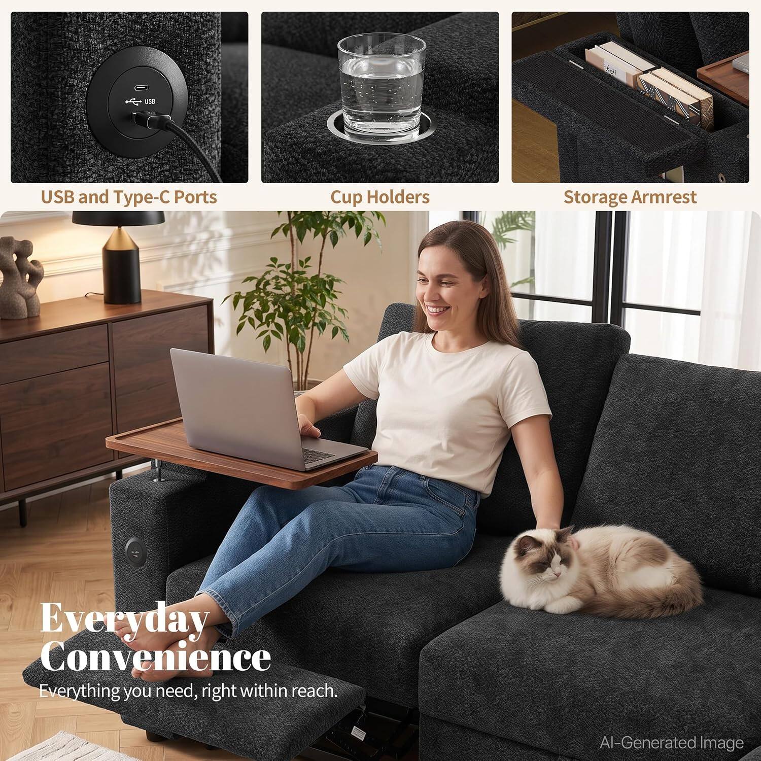 USB and Type-C Ports  
Cup Holders  
Storage Armrest  
Everyday Convenience  
Everything you need, right within reach.  
AI-Generated Image