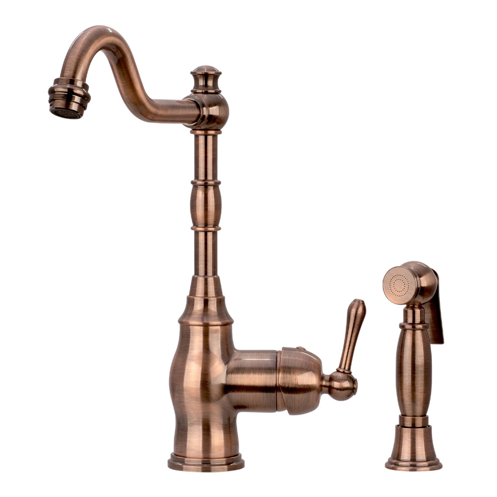 Front. Akicon - Akicon Solid Brass One-Handle 360° Swivel Widespread Kitchen Faucet with Side Spray in Antique Copper - Antique Copper.