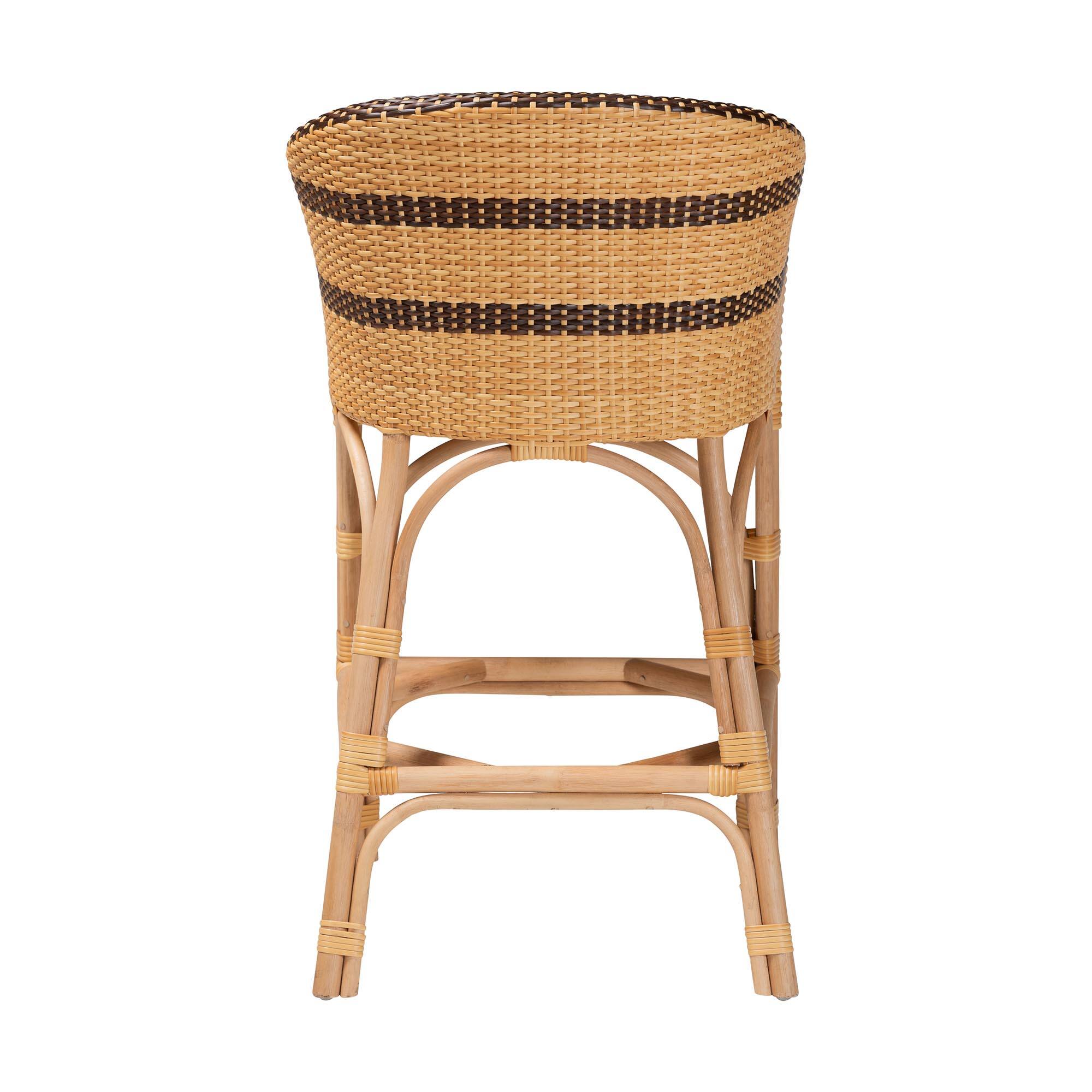 Back. bali & pari - Elma Rattan Counter Stool with Cushion - Barrel-Back Counter Chair with Synthetic Woven and Natural Rattan Frame - Natural Brown/Dark Brown.