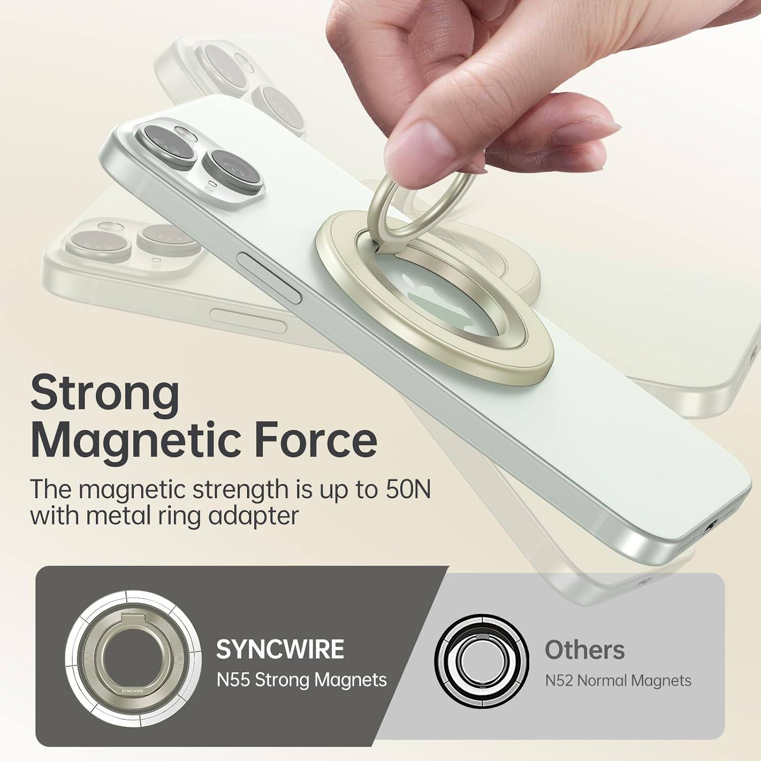 Strong Magnetic Force  
The magnetic strength is up to 50N with metal ring adapter

COMPANNE  
SYNCWIRE N55 Strong Magnets  
Others N52 Normal Magnets
