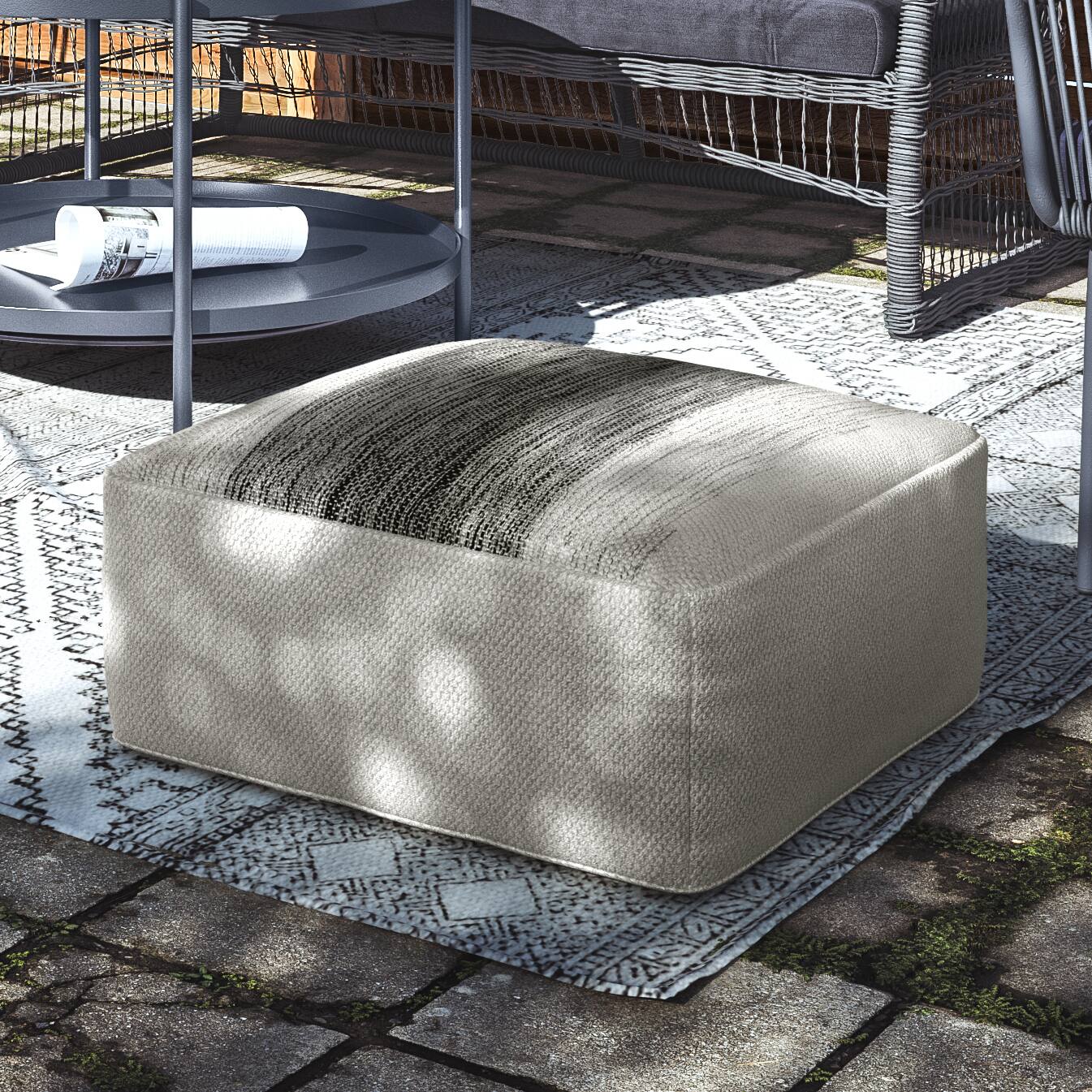 Left. Simpli Home - Sabella Square Woven Pouf - Grey and White.
