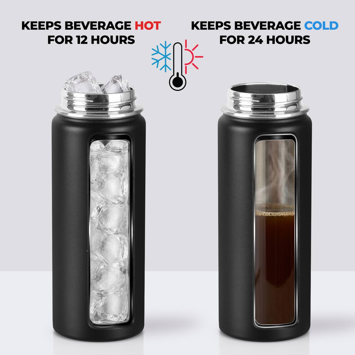 KEEPS BEVERAGE HOT FOR 12 HOURS  
KEEPS BEVERAGE COLD FOR 24 HOURS