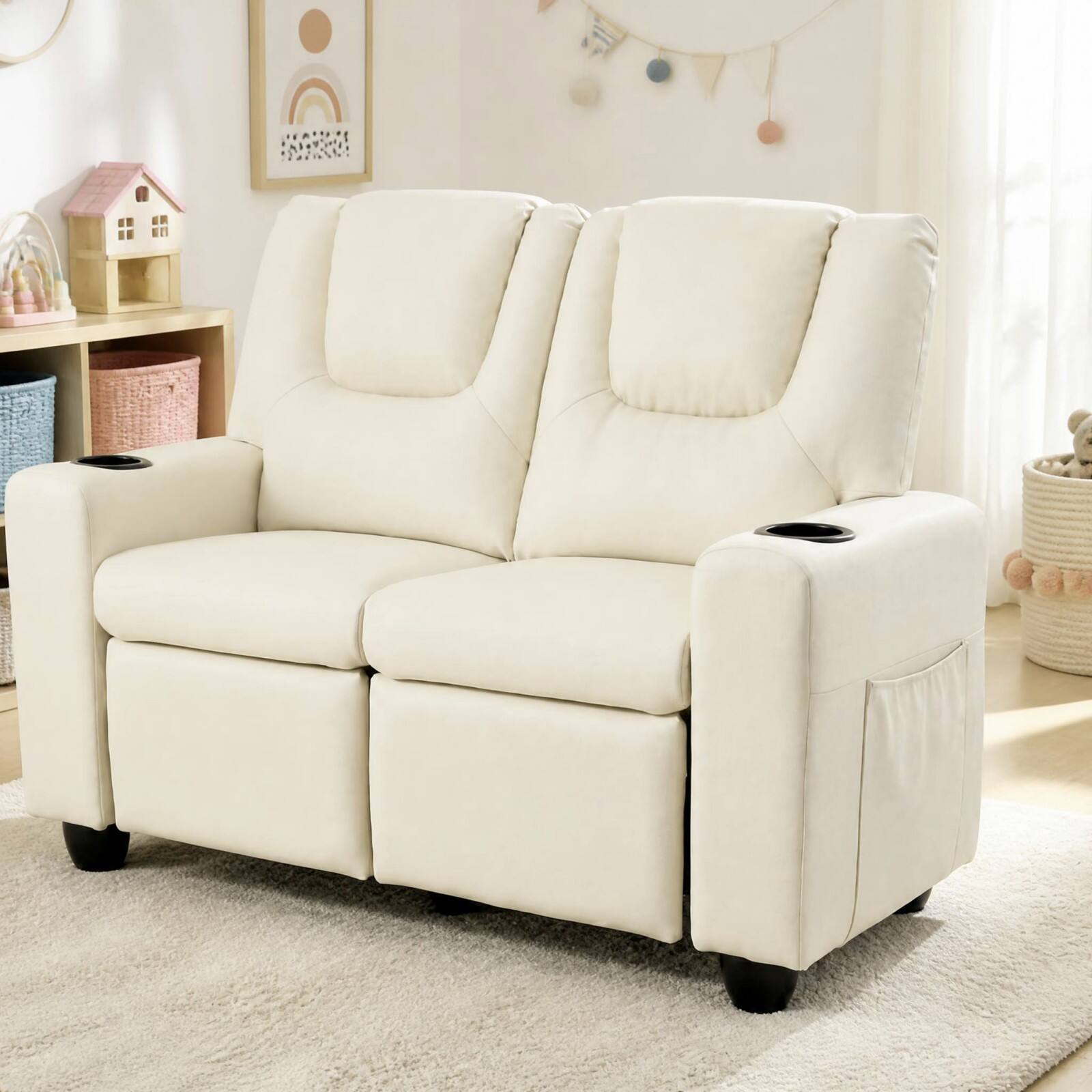 Alt View 3. Costway - Costway 2-Seater Kids Recliner with Cup Holders Side Storage Pockets Adjustable Backrest - Beige.