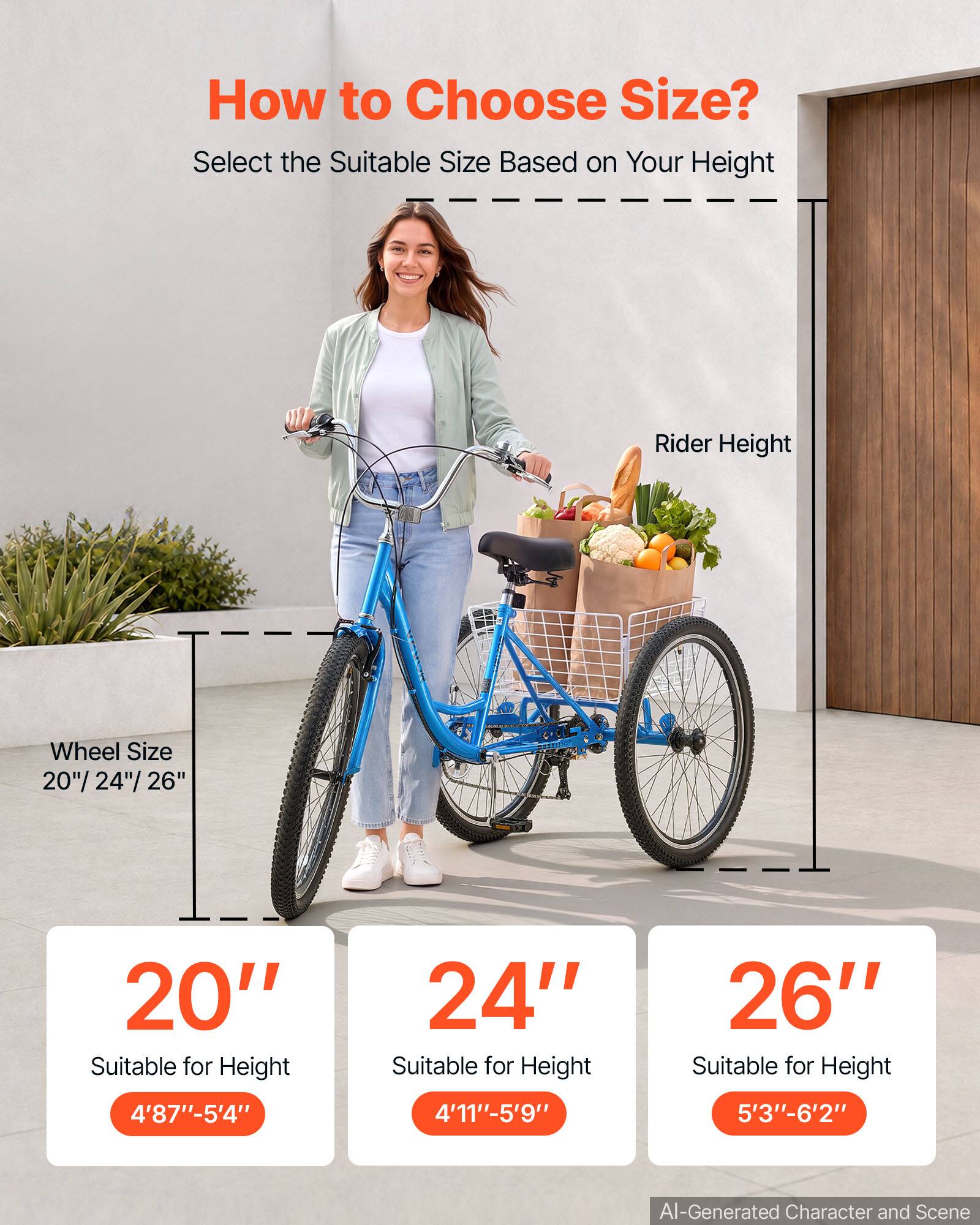 How to Choose Size?  
Select the Suitable Size Based on Your Height

Rider Height  
Wheel Size 20"/24"/26"

20" Suitable for Height  
4'8"-5'4"

24" Suitable for Height  
4'11"-5'9"

26" Suitable for Height  
5'3"-6'2"