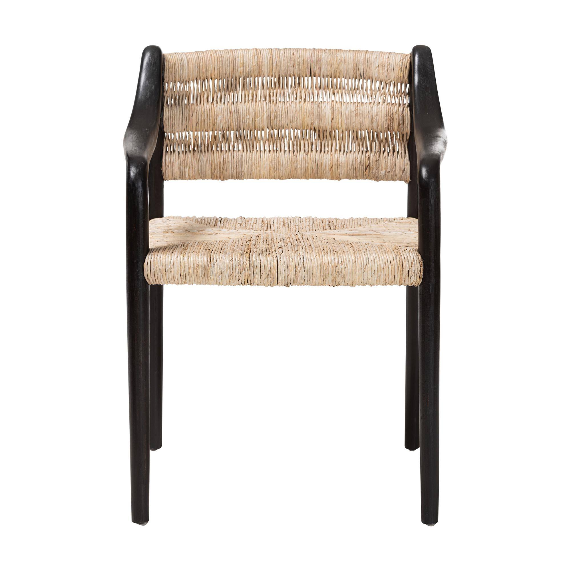 Angle. bali & pari - Onda Handwoven Seagrass Dining Chair - Natural Fiber Wicker Armchair with Mahogany Wood Frame - Black/Natural Brown.