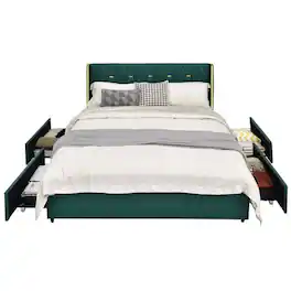 Hivvago - Full Size Linen Headboard 4 Drawer Storage Platform Bed - Green/Gold