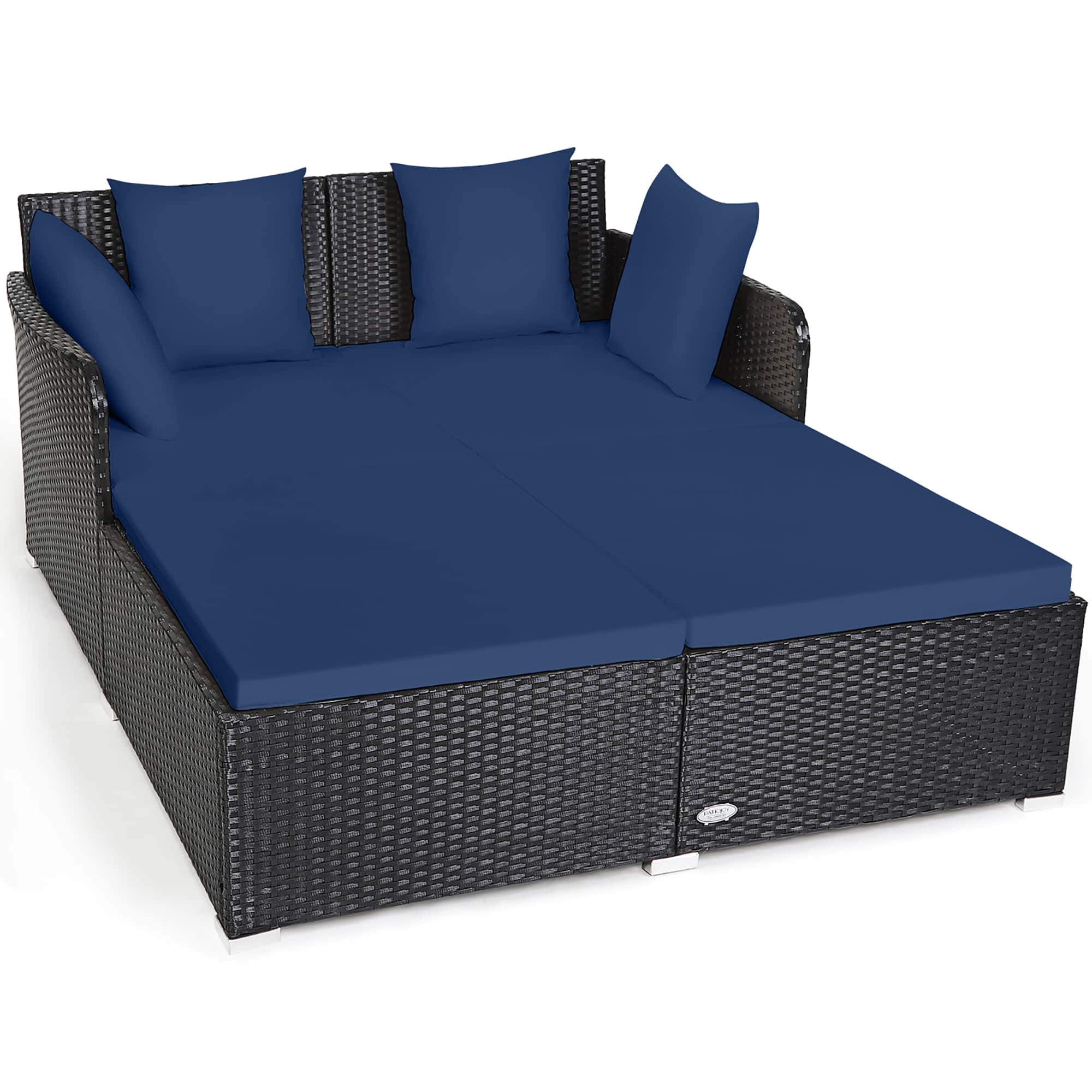 Front. Costway - Outdoor Patio Rattan Daybed Pillows Cushioned Sofa Furniture - Navy.