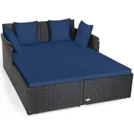 Costway Outdoor Patio Rattan Daybed Pillows Cushioned Sofa Furniture - Navy