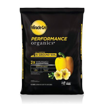 Miracle-Gro Performance Organics
All-Purpose In-Ground Soil
2X More Bounty Guaranteed
Miracle-Gro Results
Organic Natural Ingredients
Blended with Plant Nutrition
2 Months
I'm Green
OMRI
Net Contents: 13 CFT / Contenido Neto 13 CFT / PESO NETO 368 LBS (167 KG)