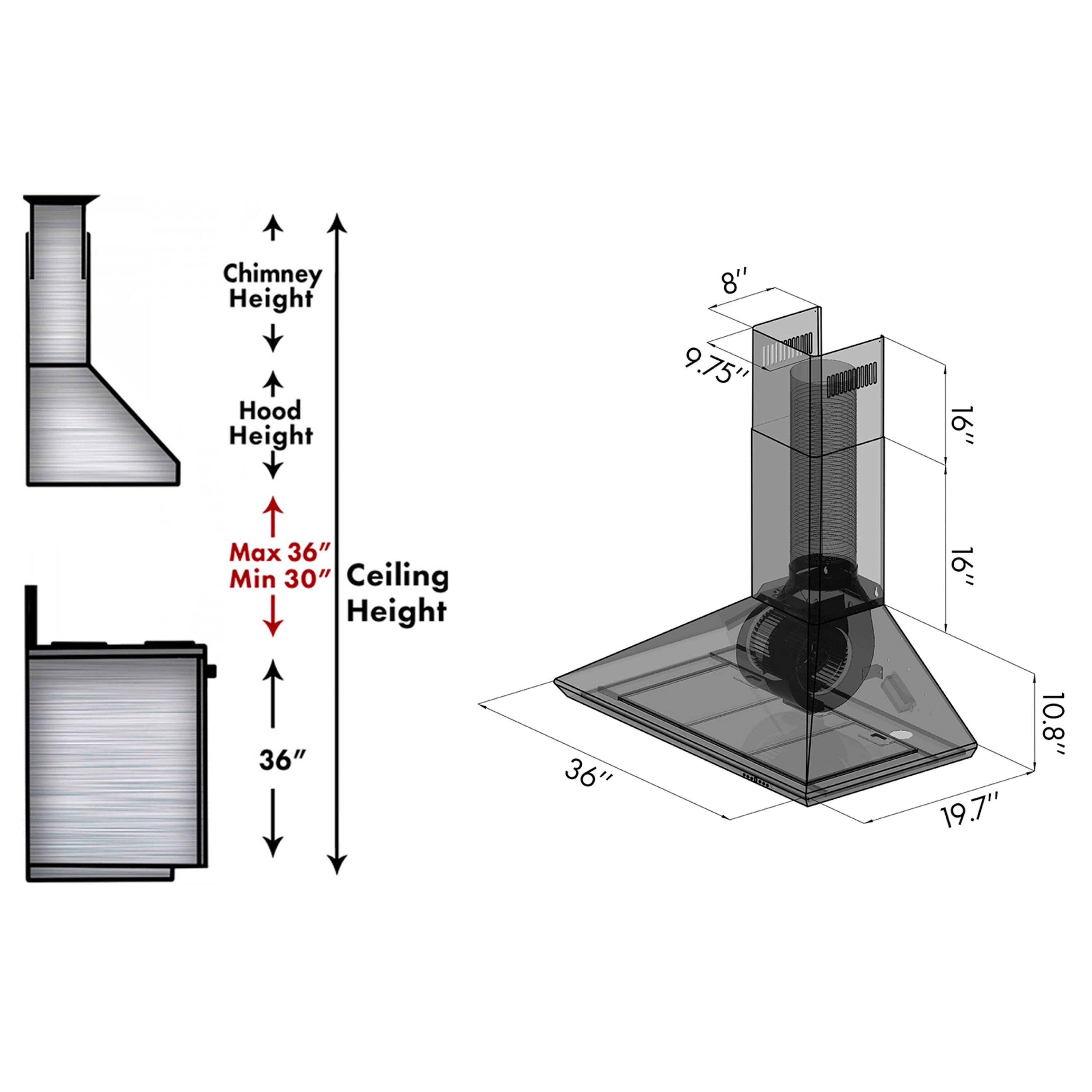 Chimney Height: 8"  
Hood Height: 9.75"  
Max Ceiling Height: 36"  
Min Ceiling Height: 30"  
Ceiling Height: 36"  
Width: 19.7"  
Depth: 10.8"
