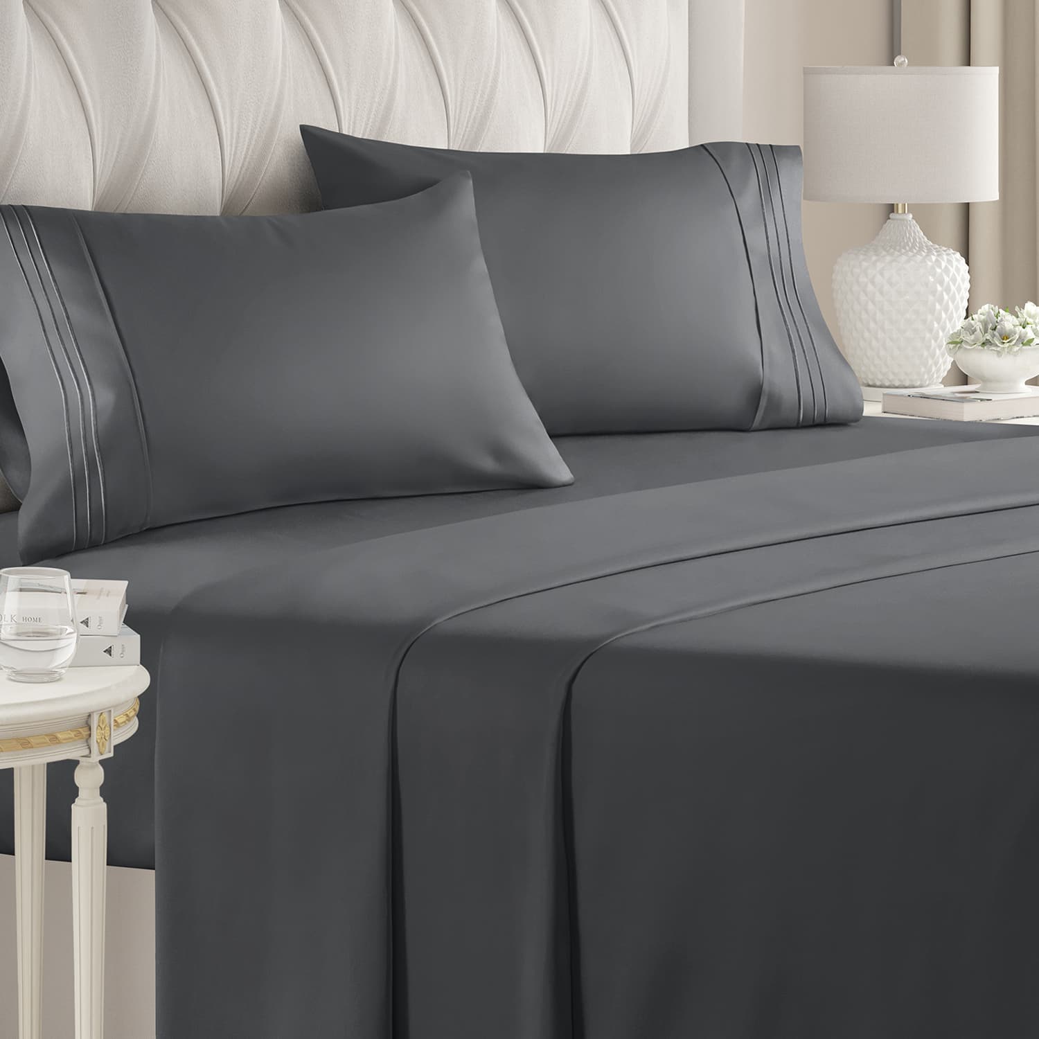 Front. CGK Linens - Luxury Soft 4 Piece Solid Bed Sheet Set - Deep Pocket Fits 8"-16" Mattresses - Queen - Dark Grey.