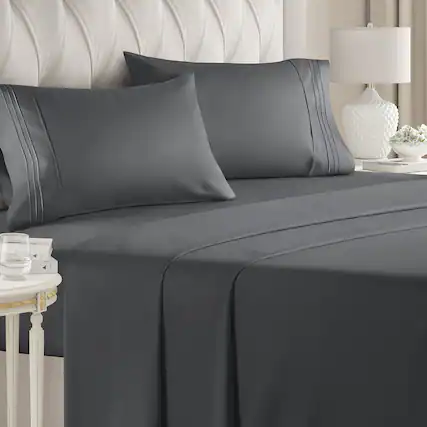 Front. CGK Linens - Luxury Soft 4 Piece Solid Bed Sheet Set - Deep Pocket Fits 8"-16" Mattresses - Full - Dark Grey.