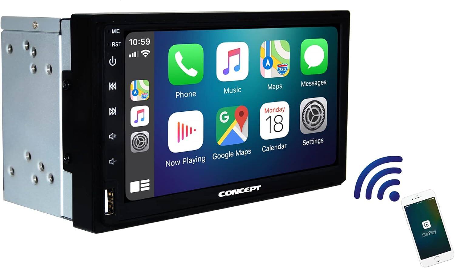 MIC RST 10:59 280 KK A 80

Phone Music Maps Messages Now Playing Google Maps Calendar Settings

Monday 18

CONCEPT CarPlay