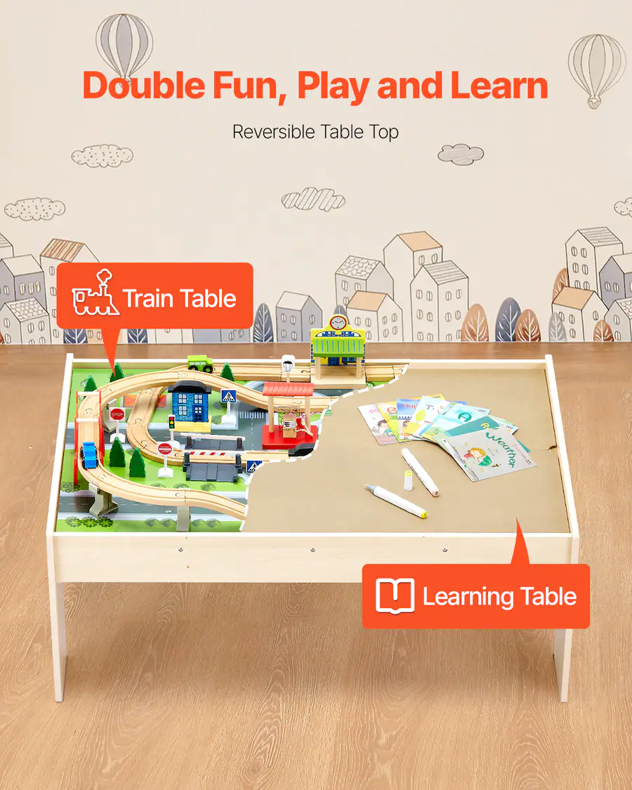 Vecta Train Table VEVOR Train Table, 84 Multicolor Pieces Wooden Kids Activity Table with ...