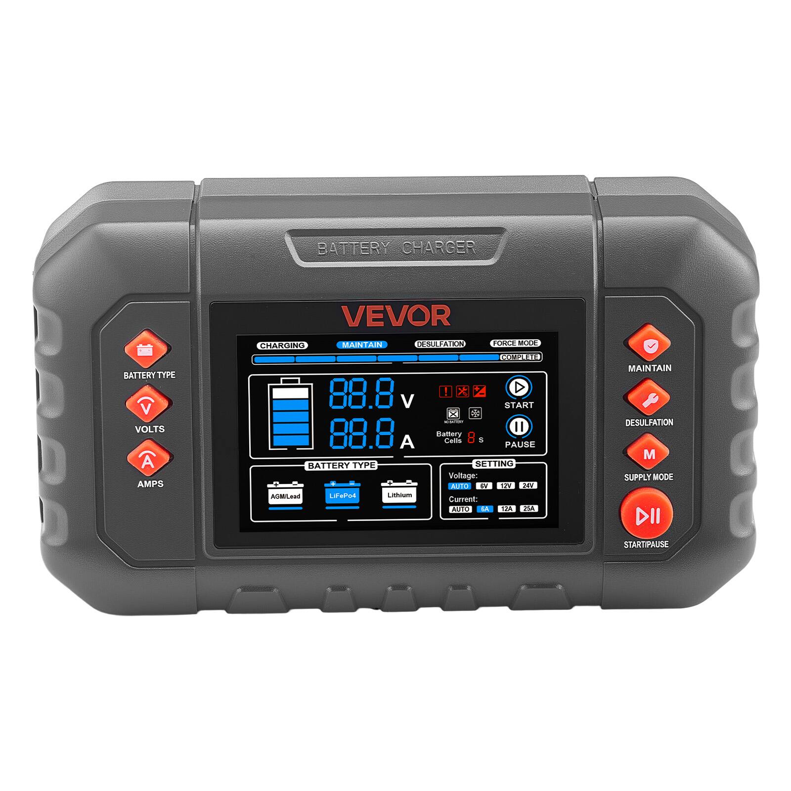 BATTERY CHARGER  
BATTERY TYPE  
VOLTS  
AMPS  
VEVOR  
CHARGING  
MAINTAIN  
DESULFATION  
FORCE MODE  
COMPASS  

Battery Cells: 8  
Voltage: AUTO  
12V  
24V  
Current: AUTO  
12A  
25A  

BATTERY TYPE SETTING  
AGM/Lead  
LiFePo4  
Lithium  

START  
PAUSE  
MAINTAIN  
DESULFATION  
SUPPLY MODE  
DII  
START/PAUSE