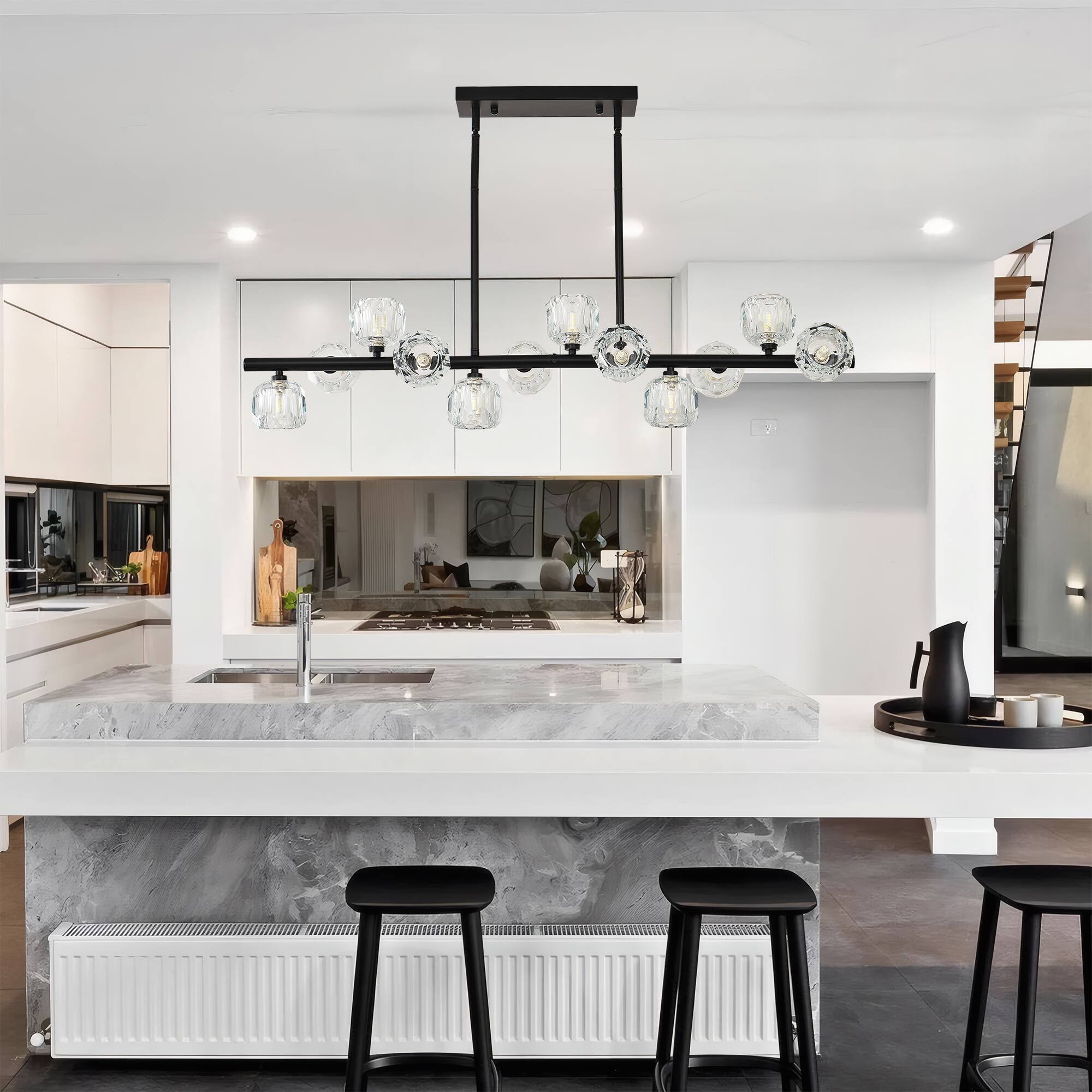 Left. RYHNUYNE - 12 Lights Black Kitchen Island Light Fixture,Linear Chandelier with Glass Lampshade,Large Rectangular Chandeliers - Black.