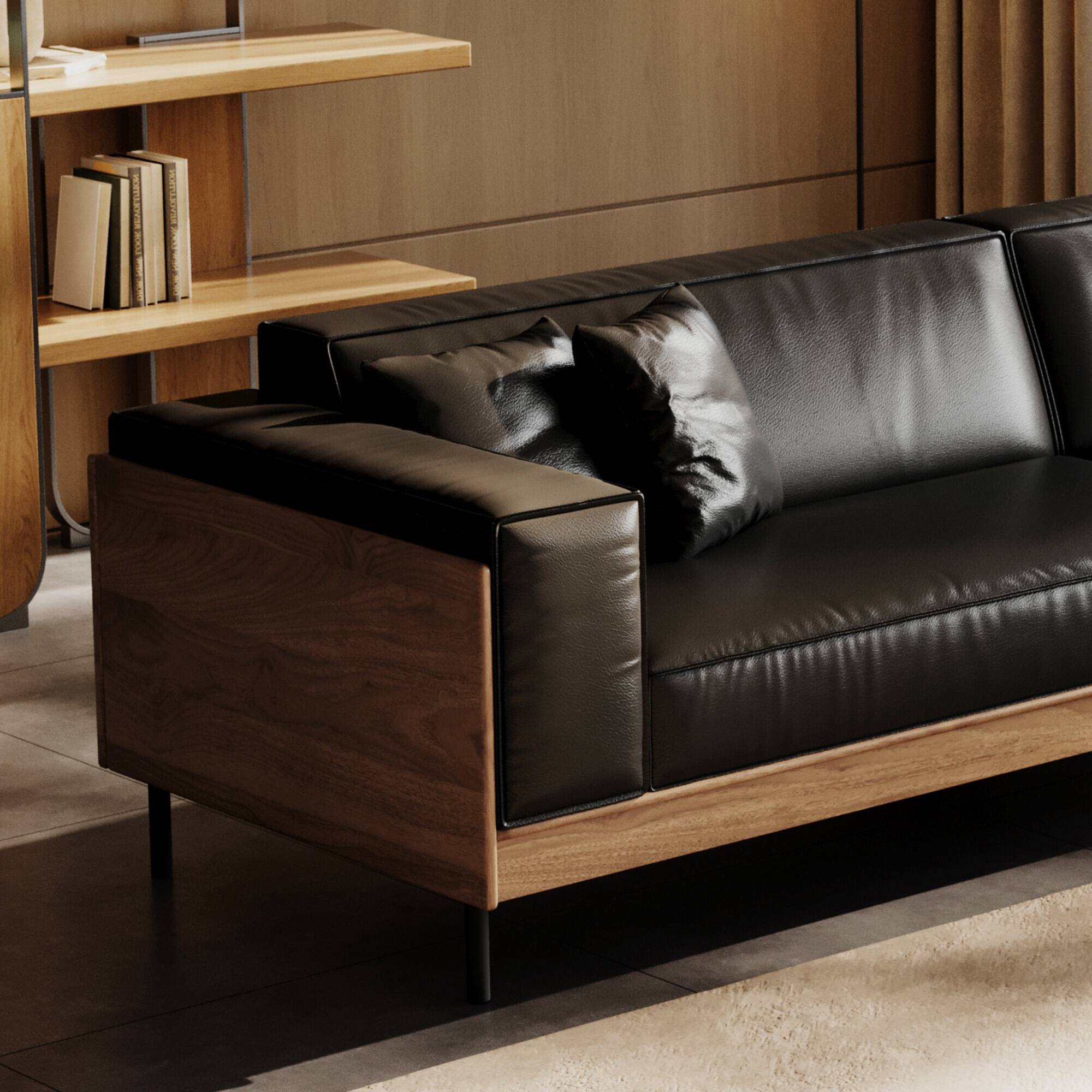 Alt View 1. luck idea - Modern Leather Sofa 98.42" Wide, Upholstered Couch with Solid Wood Frame, Metal Legs and 3 Throw Pillows - Black.