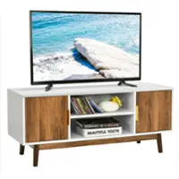 Costway - TV Stand Entertainment Media Console w/2 Storage Cabinets & Open Shelves - White/Rustic Oak - Front_Zoom