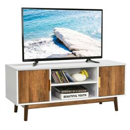 Costway - TV Stand Entertainment Media Console w/2 Storage Cabinets & Open Shelves - White/Rustic Oak
