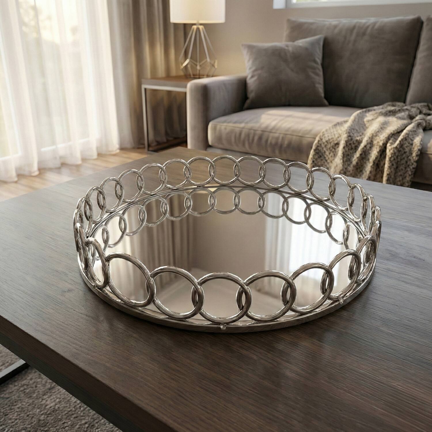 Angle. American Atelier - Looped Tray-Silver Round 15"D - Clear.