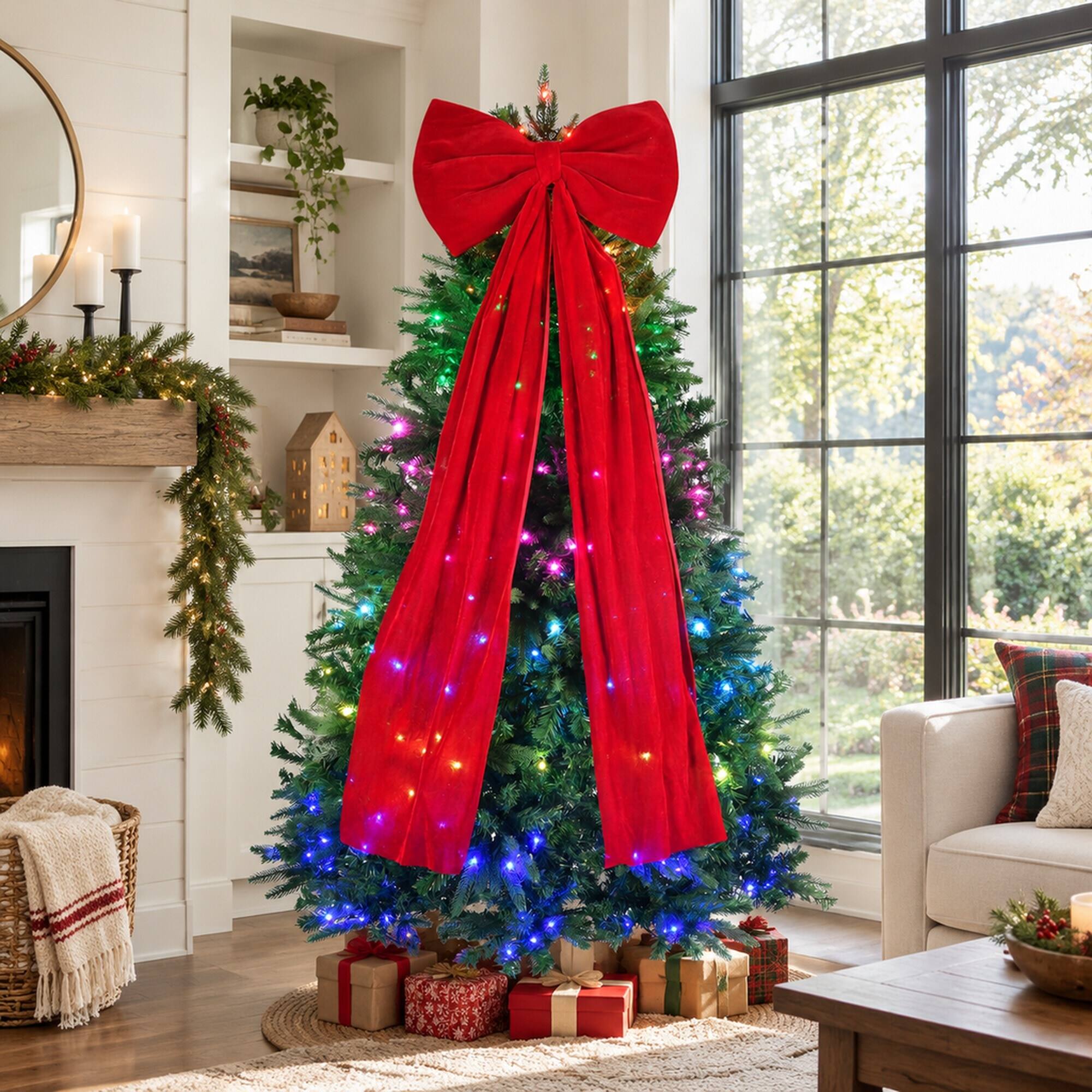 Back. RYHNUYNE - 6FT Pre-Lit Aspen Christmas Tree With 300 RGBW Multi-Color LED Lights and App Control, Large Bow - Green.